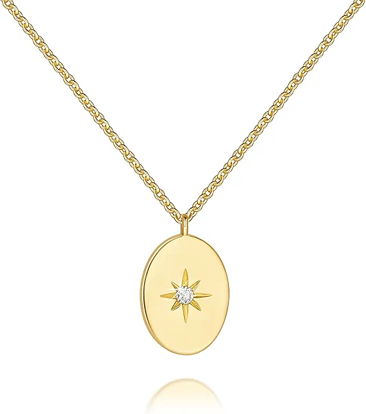SunDins Gold Pendant Necklaces for Women 14K Gold Necklaces for Women North Star Pendant Necklaces with Cubic Zirconia Simple Meaningful and Beautifully Design Simple Oval Necklace