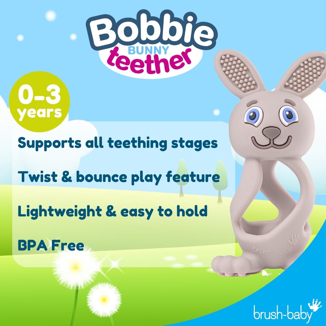Brush-Baby, Bobbie Bunny Teether Toy, Cappuccino Grey, Fun, Engaging, Sensory Teething Toy for Babies 0-3 Years, BPA Free - Image 3