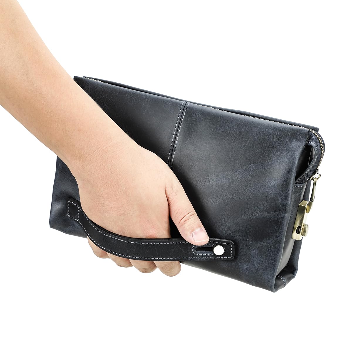 Contacts Organiseur de carte d'identité en cuir véritable pour homme, grande capacité avec verrou antivol pour passeport, téléphone portable, sac à main avec dragonne, bleu 1