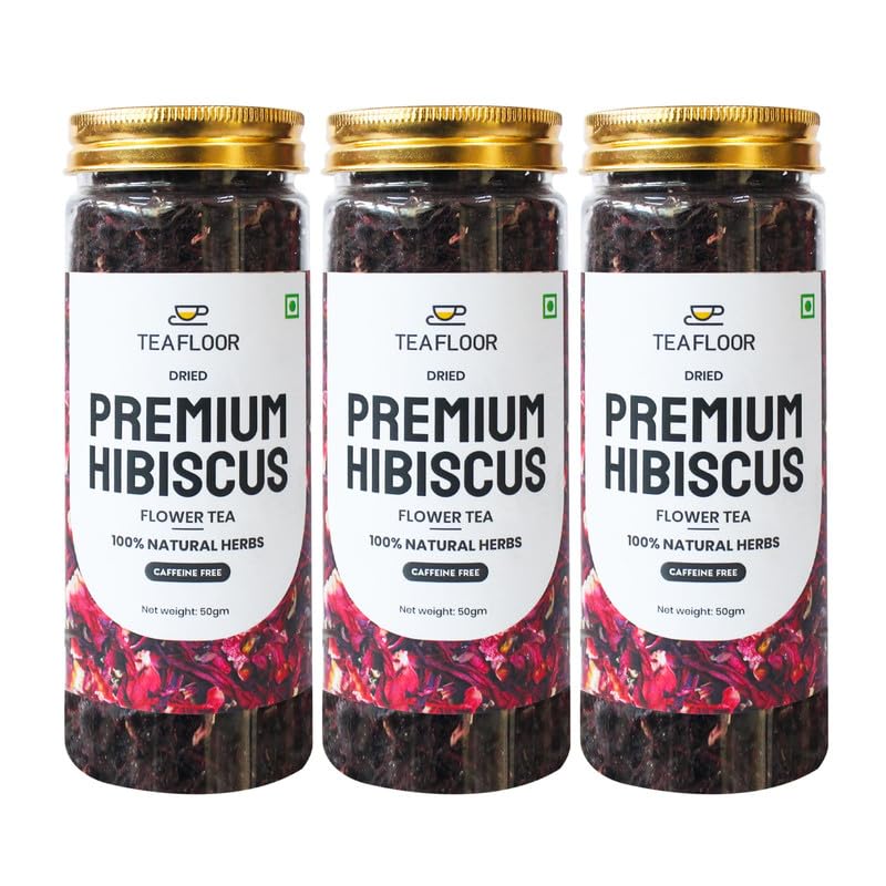 Image of TEAFLOOR 100% Dried Natural Hibiscus Flower Tea: Explore The Ruby Nectar || Wellness & Health,Vitamin C Bursts || Whole Flower Buds, Brew Hot Or Iced - Caffein Free || 50 gram (Pack Of 3)