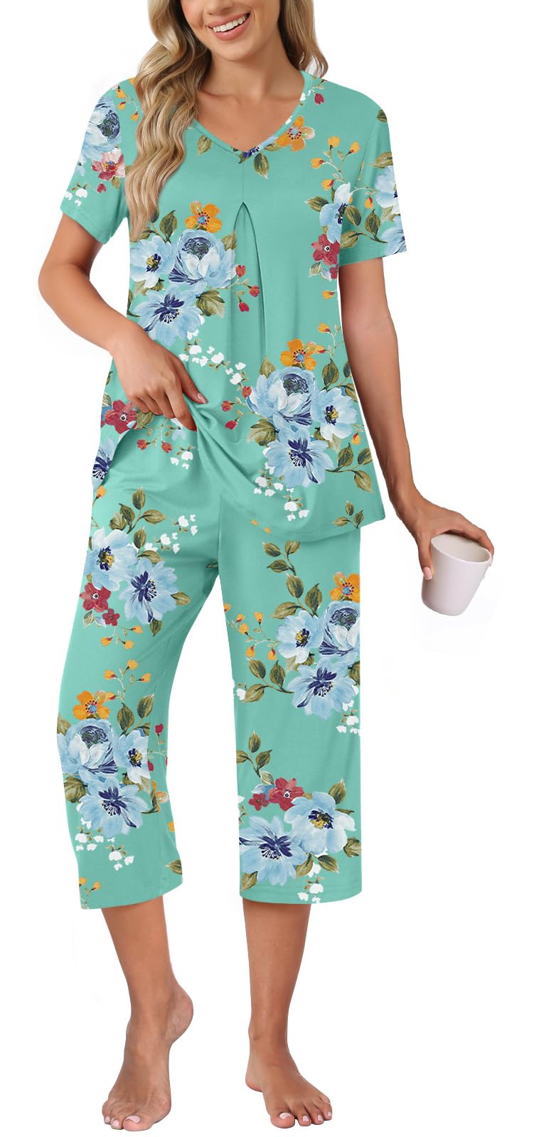 Anyally Womens Summer Capri Pajama Set Short Sleeve Shirt and Pajama Pants 2 Piece Ladies Pjs Sets