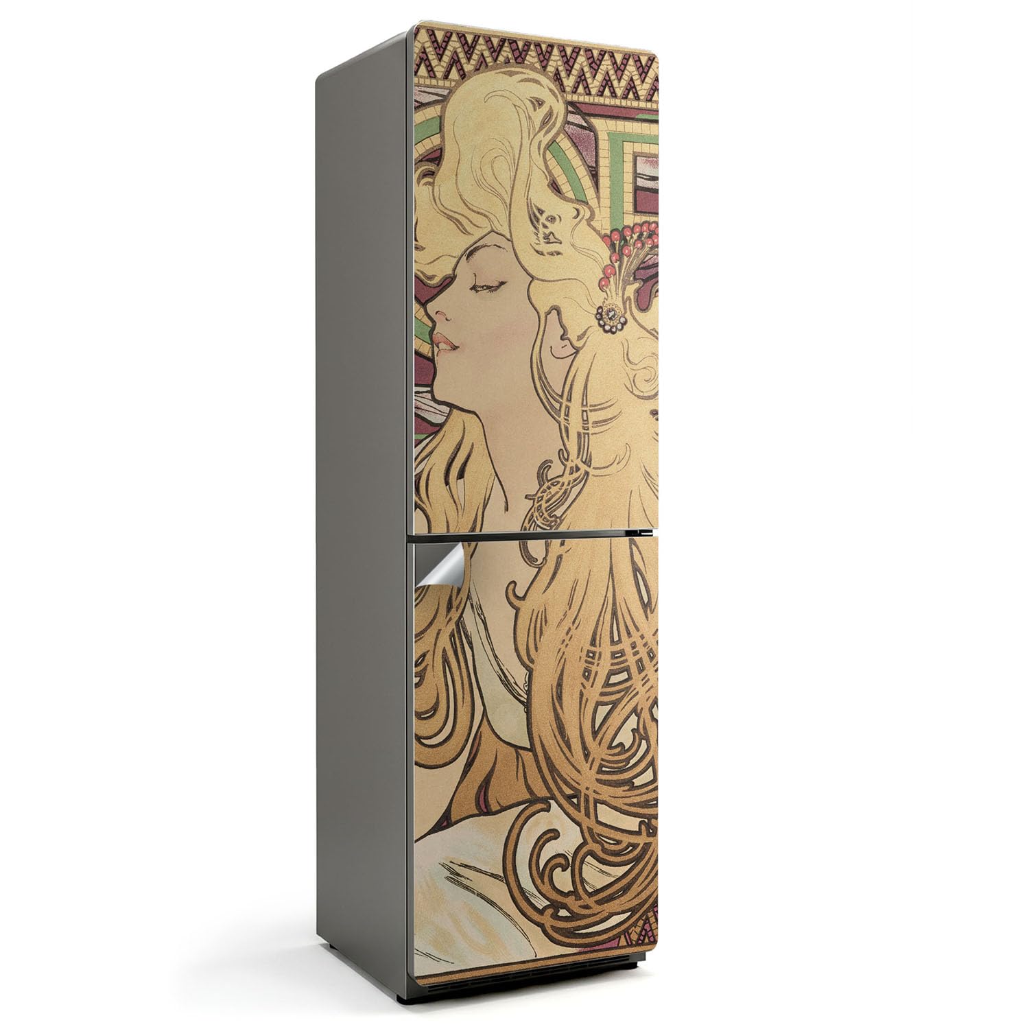 Sticker réfrigérateur 60x205 Mucha : un portrait élégant pour décorer entièrement votre cuisine.