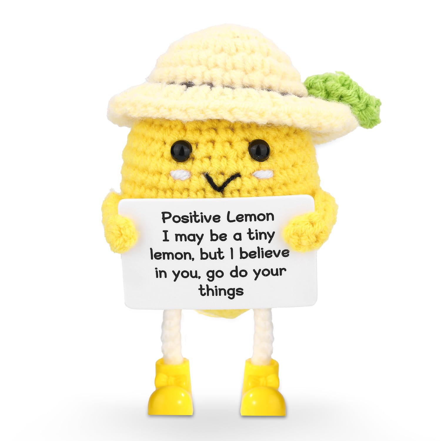 Funny Positive Lemon, 10x6.6cm/3.94x2.6in Emotional Adorable Cotton Handmade Inspirational Support Lemon Cheer Up Encouraging Potato Decor Gift with Cute Hat Knitted Positive Fruit Doll for Loved One