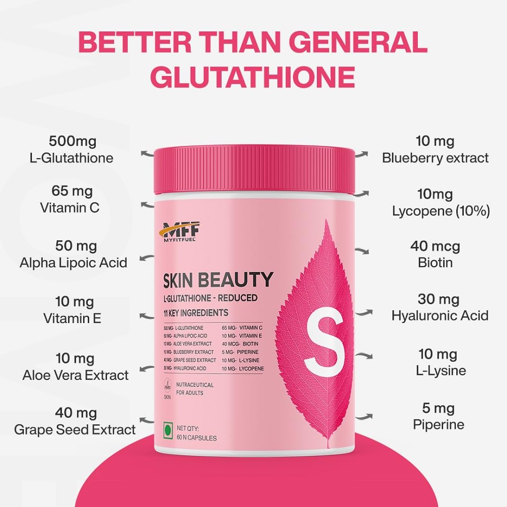 MyFitFuel Skin Beauty Glutathione Reduced (60 Capsules) with Lycopene, Vitamin C & E, Hyaluronic Acid, Biotin &more. For Men & Women Hydrated, Brightening, Radiant Skin. For Reducing Melanin & Glowing Skin 1