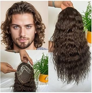 Peluca Hombre Peluquín de cabello humano for hombres, 8 x 10 pulgadas, monofilamento con base de PU, sistema de reemplazo de cabello europeo con ondas naturales de 12 pulgadas, color marrón n.° 3 Prot