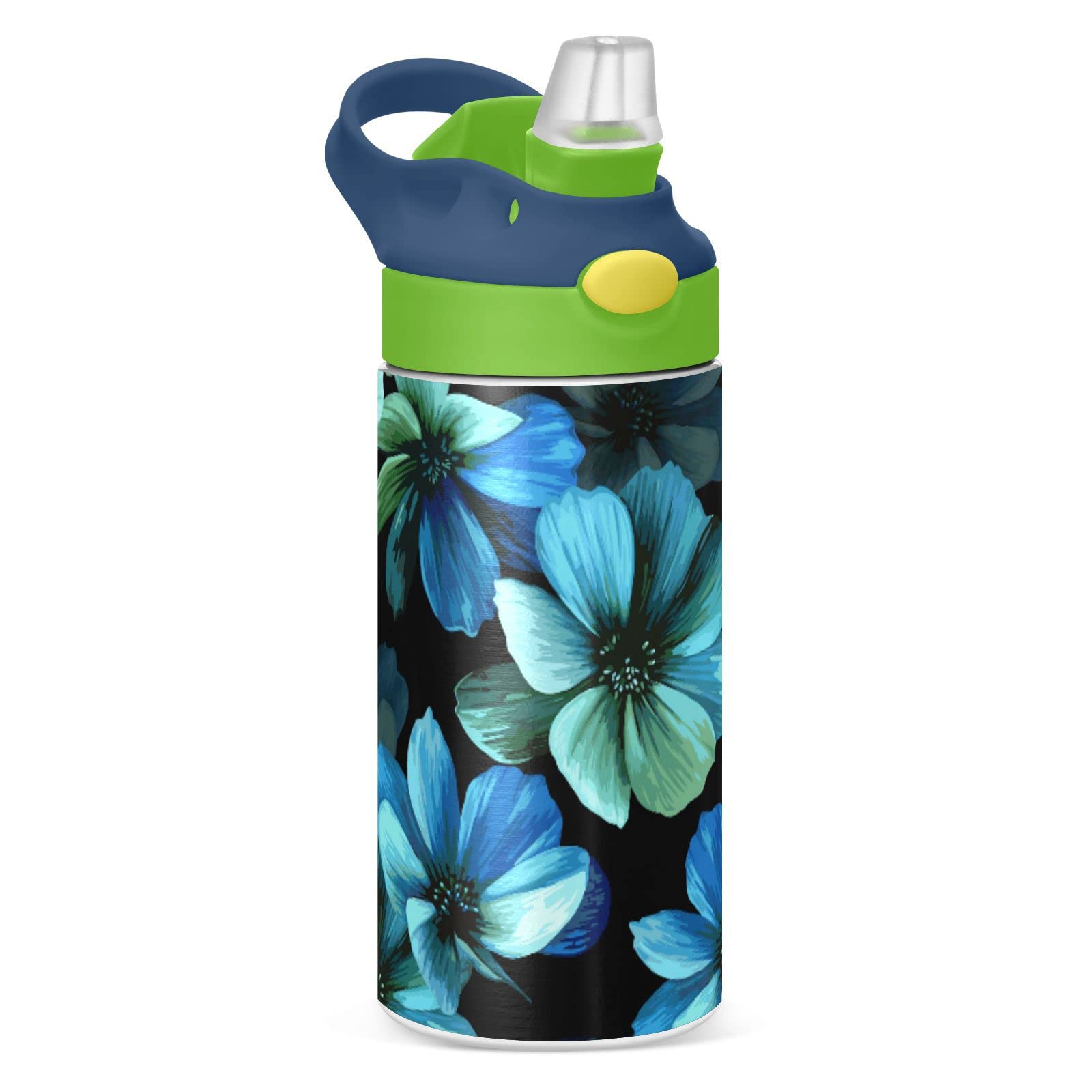 Seamless Mysterious Beautiful Blue Turquoise Flowers on Black Tumbler with Lid & Straw, Boys Girls Stainless Steel Double Wall Cup Water Bottle BPA-Free Vacuum Insulated Thermal Mug 11.8 Oz