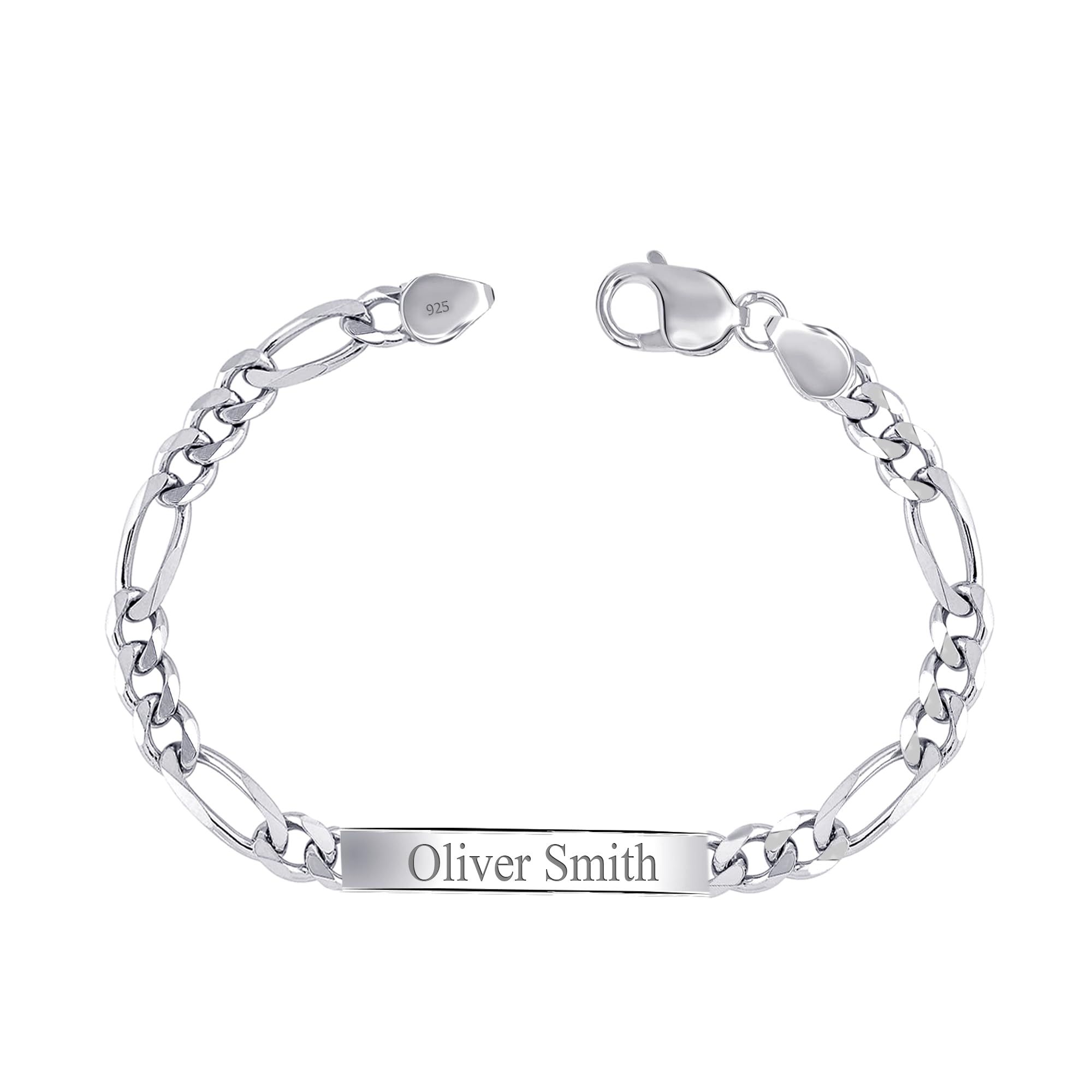 LeCallaPersonalised Customised Engraved Name Men's Figaro Chain ID Bracelet in 925 Sterling Silver BIS Hallmarked Personalized Custom Birthday Christmas Fathers Day Jewelry Gift for Dad Husband