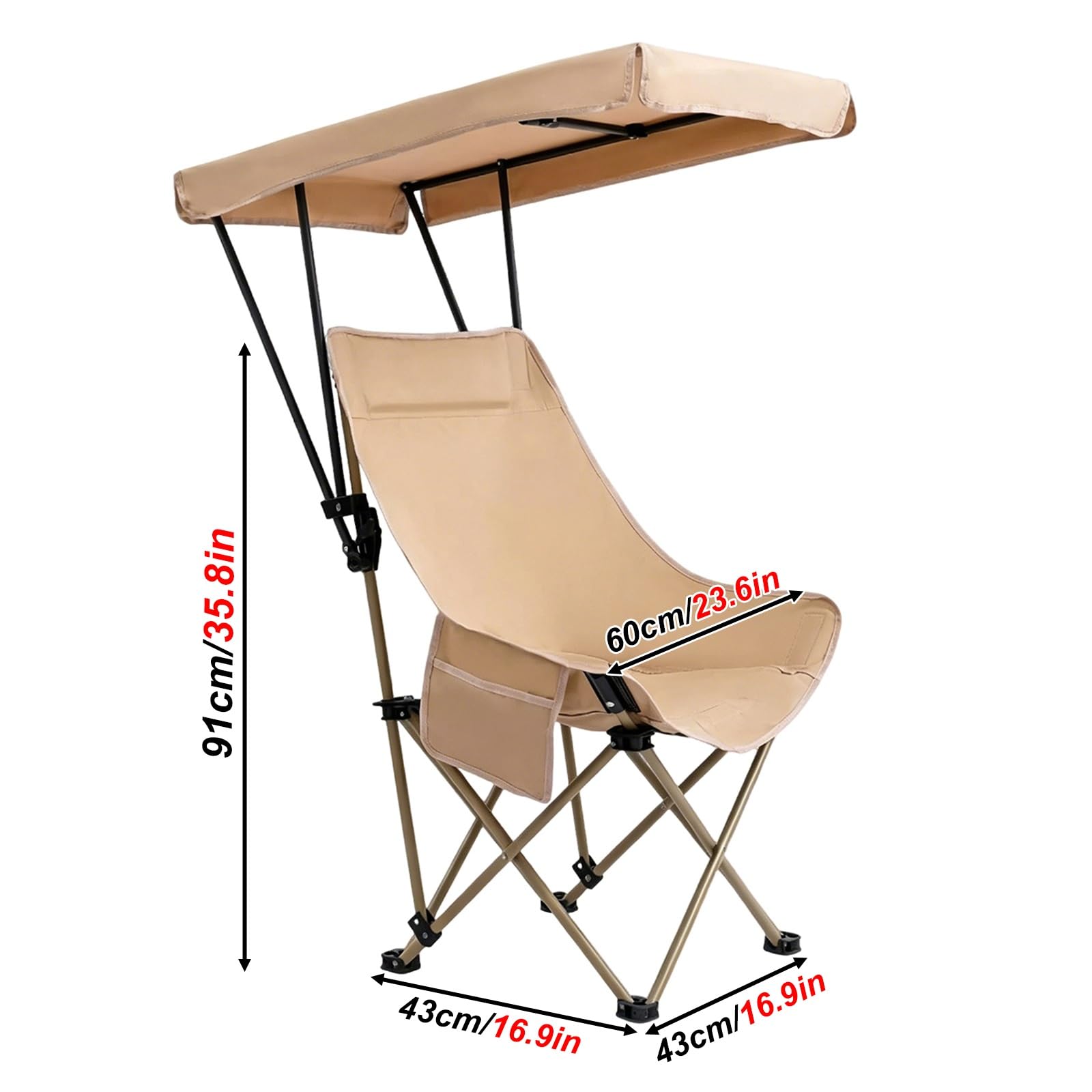 Przenośne Składane Krzesło, Ergonomiczne Krzesło Kempingowe z Daszkiem, 45°, Tkanina Oxford 600D, 6-poziomowy, Wytrzymały Stelaż ze Stali Węglowej, Zdejmowana Konstrukcja