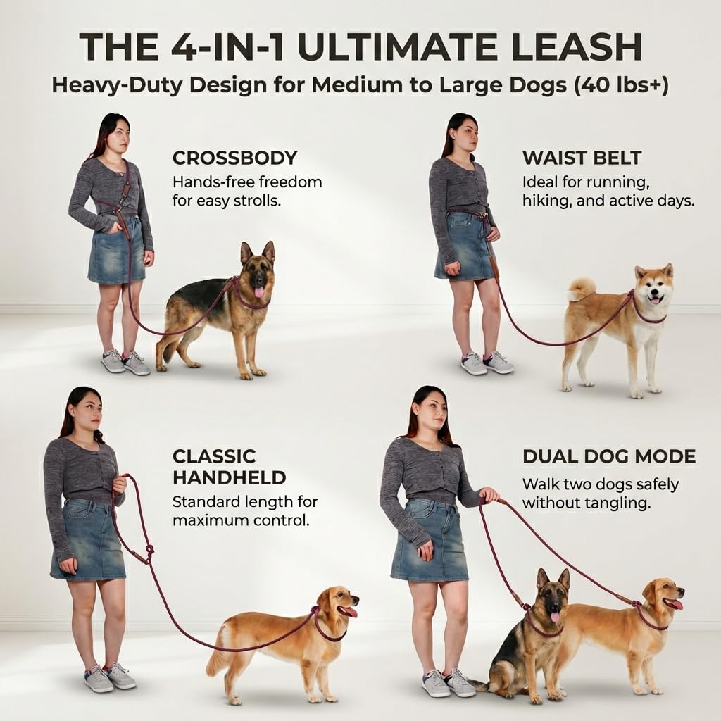 Tails & Tales Freihändige Hundeleine, Taillenleine für Spaziergänge mit dem Hund, Crossbody, multifunktional, Hundeleine, Laufen, Doppelleine für 2 Hunde, Doppelgriff, Hundetraining, Weingut Rot