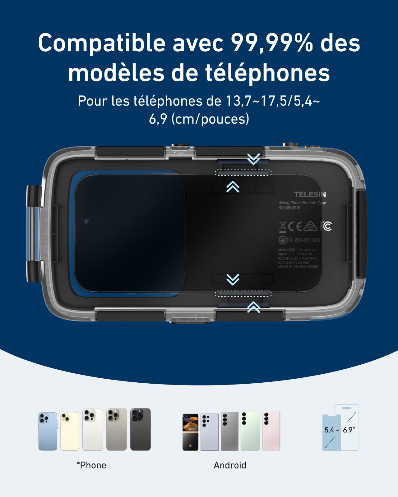 TELESIN Coque Waterproof pour Téléphone Portable pour Plongée sous-Marine, Coque Etanche & Poignée Universels pour Photo et Vidéo sous-Marin, pour iPhone/Android/Samsung et Autres Téléphones (Noir)