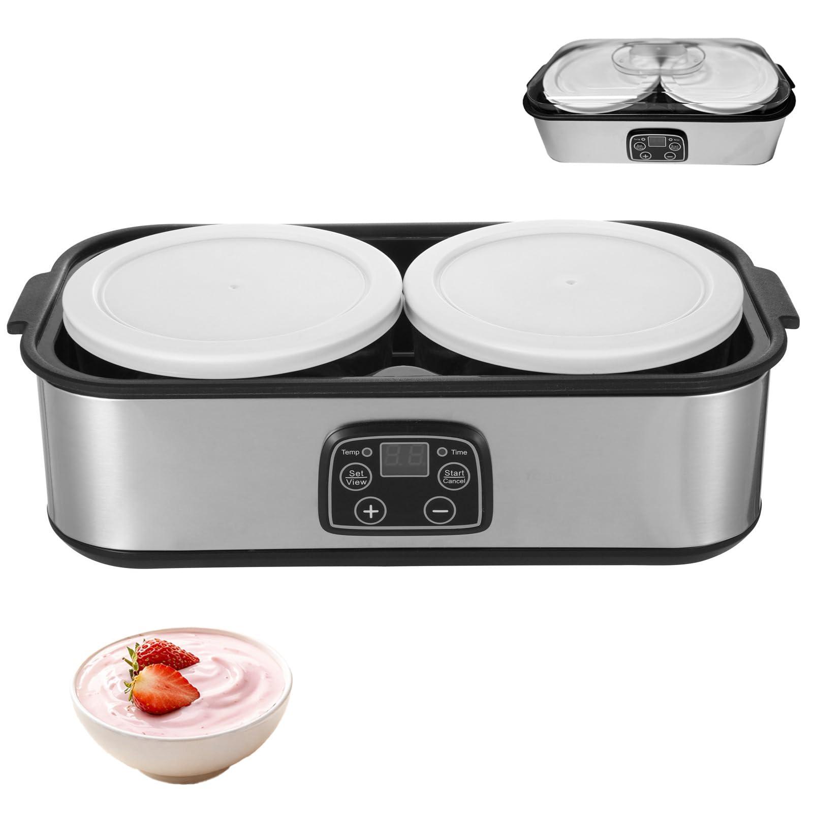 Joghurtbereiter 25W mit 2 Gläsern, Automatischer Joghurtbereiter mit einstellbarer Temperatur- und Zeiteinstellung, Elektrischer Milchfermenter für Joghurt, Pudding & Smoothie