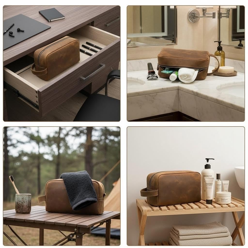 Reise-Kulturbeutel aus echtem Leder für Herren, Rasierset, wasserabweisend, Badezimmer-Organizer, Braun, Vintage