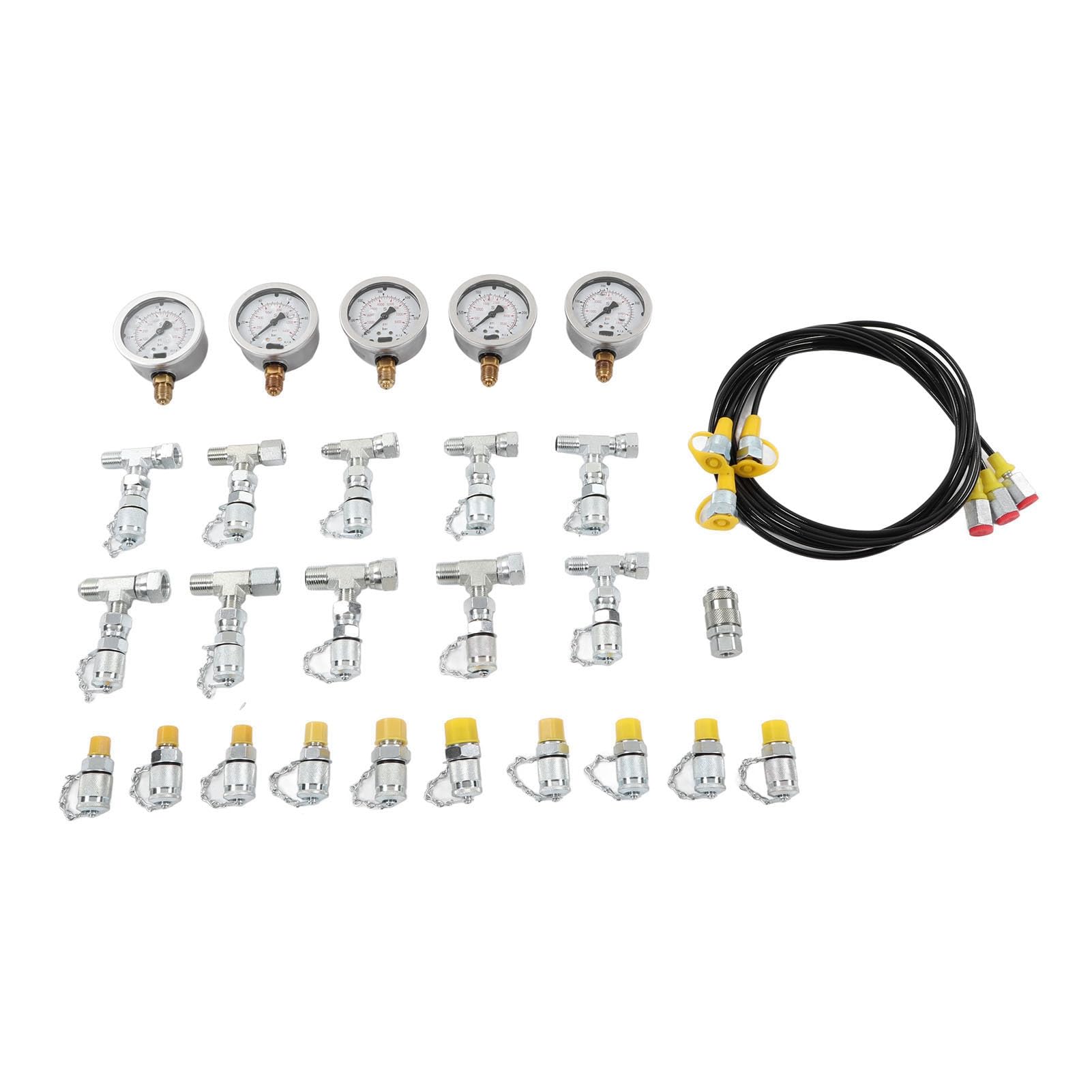 lyrlody Kit de Prueba de Presión Hidráulica Juego de Manómetros de Acero Inoxidable con 5 Manómetros, 3 Mangueras, 11 Acoplamientos, 10 Conectores en T para Pruebas de Presión del Hidráulico de