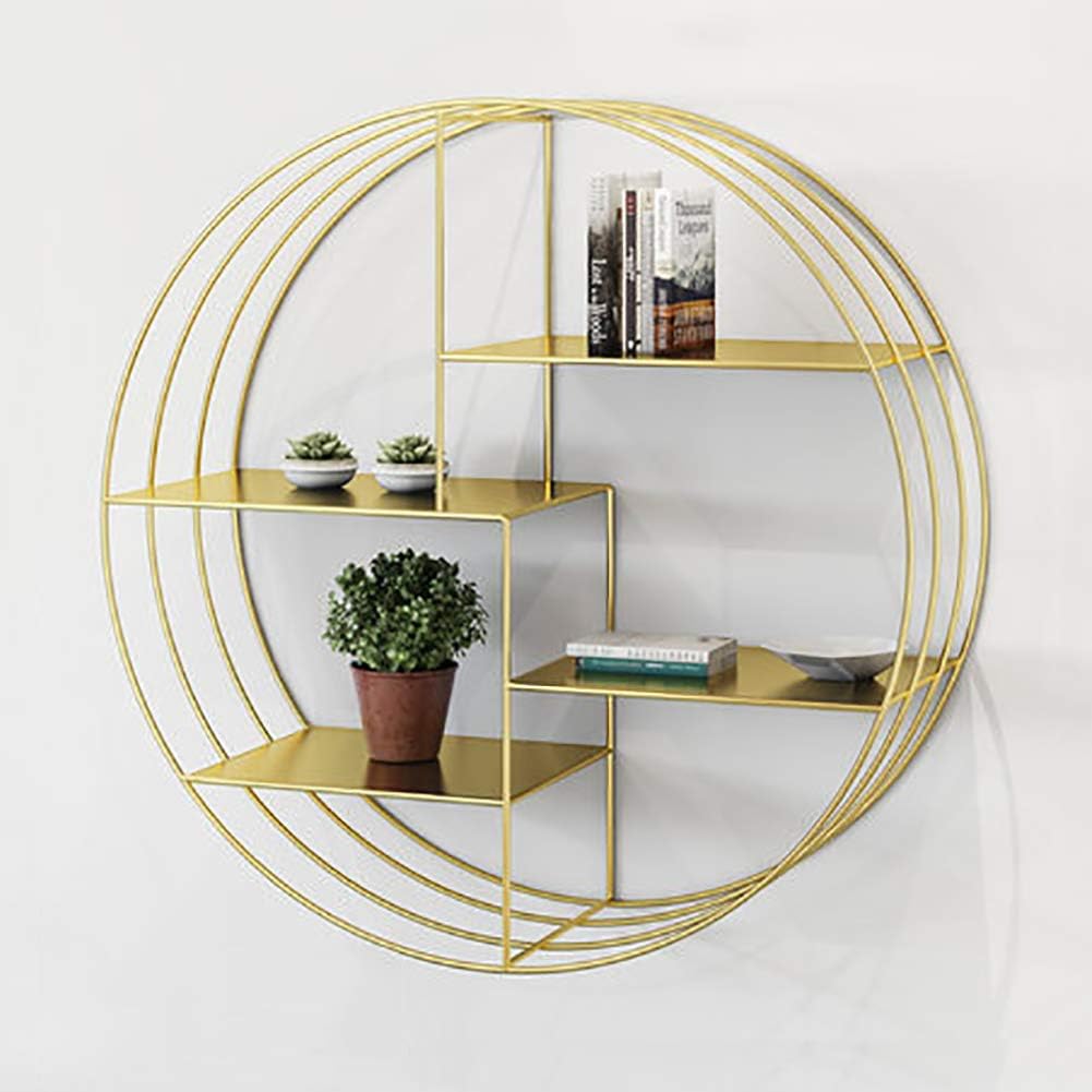 Round Wall Shelf Unit, Floating Shelves Storage Organiser Metal Wall Mounted Industrial Modern Book Rack Display Bookshelf-Gold Diameter: 80cm