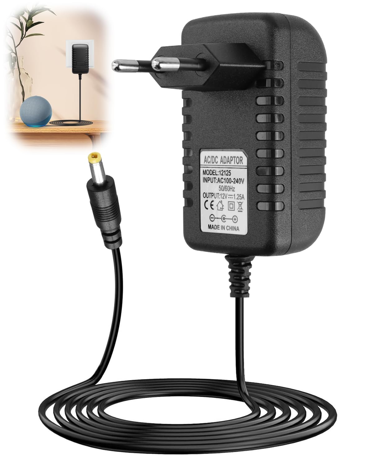 15W Cargador Adaptador para Echo Dot 3ª/4ª/5ª Gen 12V 1.25A Fuente de Alimentación, Adaptador Corriente para Echo Show 5 1.ª 2.ª Gen Echo Spot Echo Pop TV Cube Cable de 2 Metros