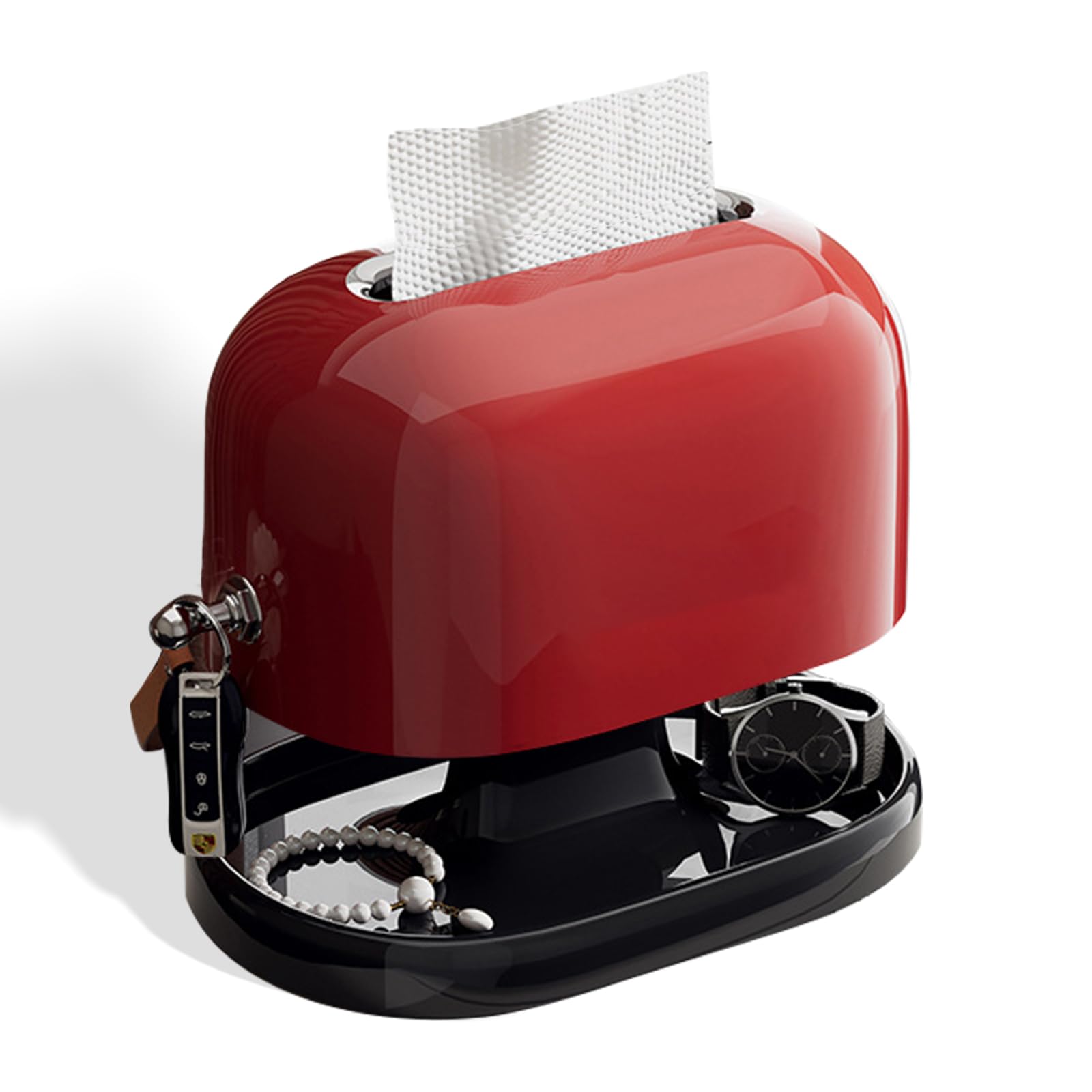 Vintage Spring-Loaded Tissue Box with Dual Storage – Smooth Dispensing, Wide Stable Base, Rounded Edges, Decorative Organizer for Home & Office (Red)