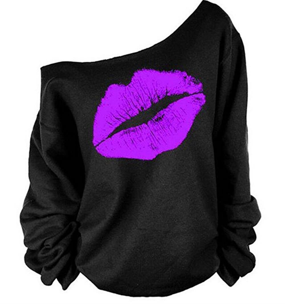 MAGICMKWoman’s Sweatershirt Lips Print Causal Blouse Off The Shoulder Long Sleeve Loose Slouchy Pullover Plus Size Tops