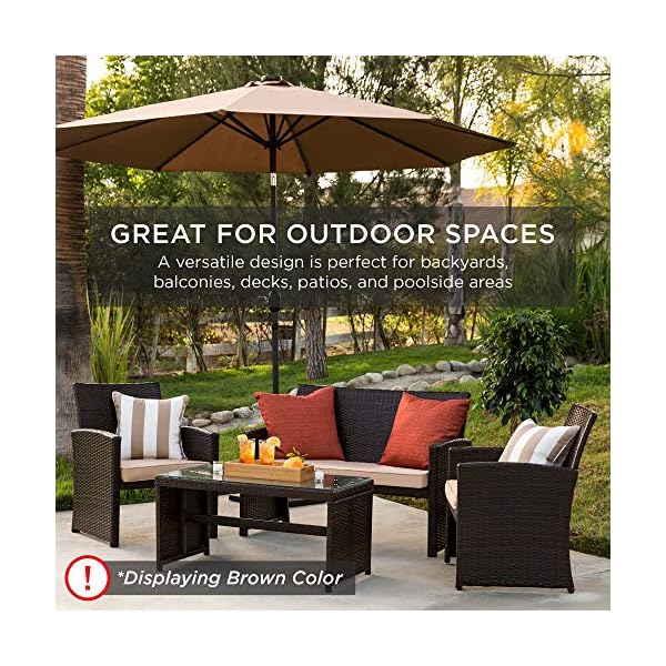 Best Choice Products 4-Piece Outdoor Wicker Patio Conversation Furniture Set for Backyard w/Coffee Table, Seat Cushions - Brown/Beige - Image 7