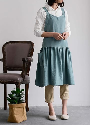 Miniatura 10 de NEWGEM Delantal de lino y algodón con espalda cruzada para mujer, con bolsillos, lindo vestido japonés coreano, color rojo púrpura