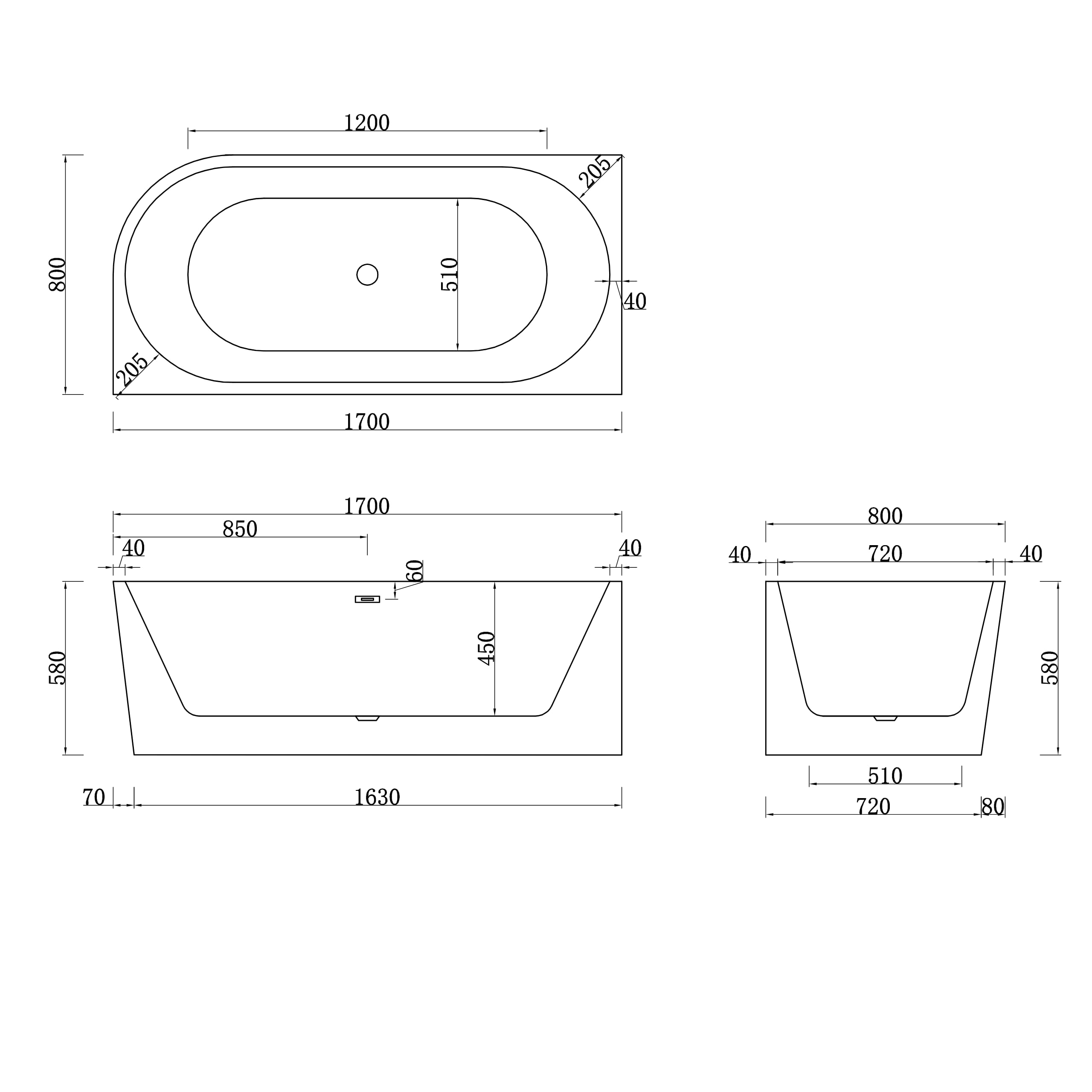Aquauno, vasca angolare indipendente sinistra 170 x 80 cm, ovale in acrilico sanitario di alta qualità, vasca da bagno in acrilico con scarico click, troppopieno, copertura, scarico e telaio in