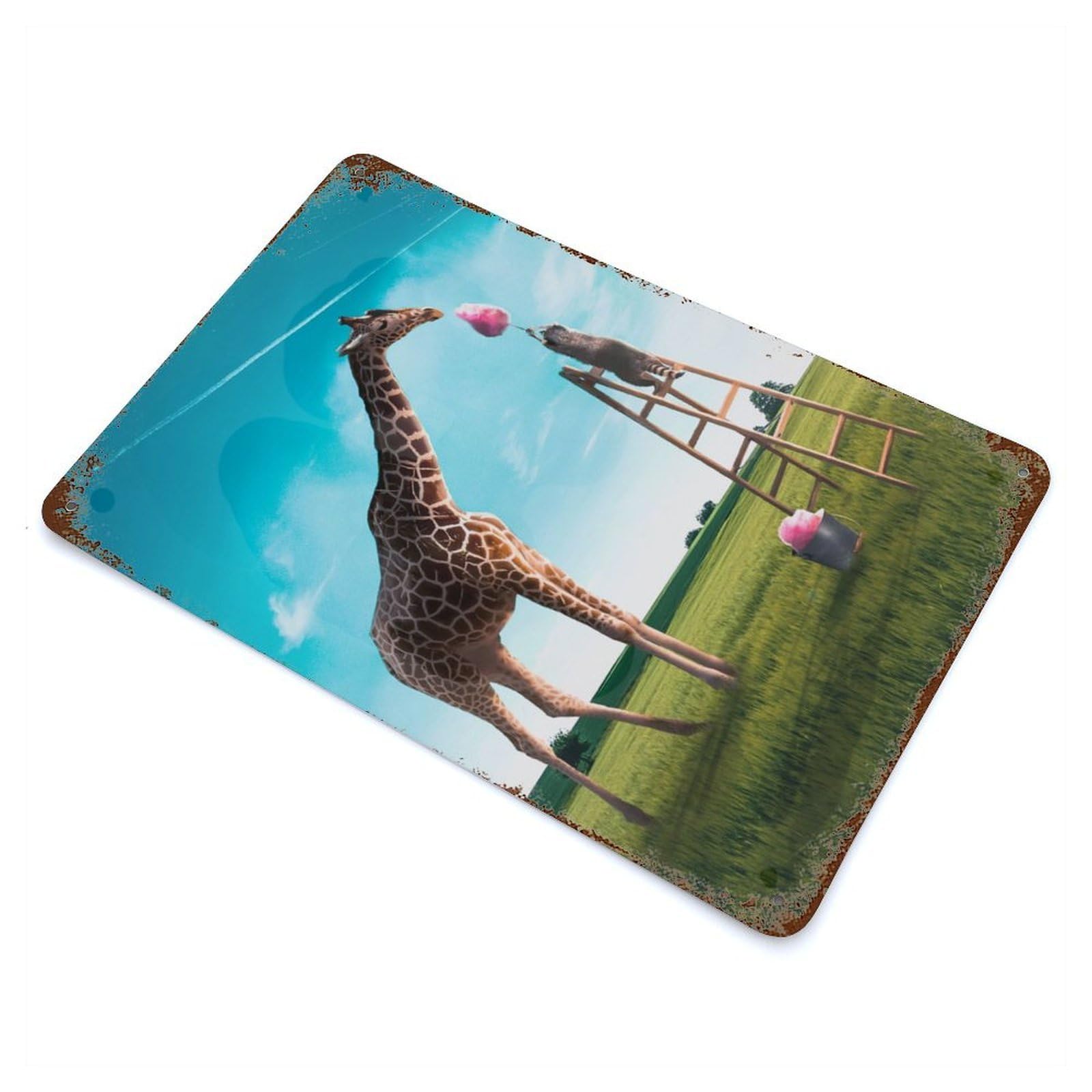 Cotton Candy Giraffe Vintage Wall Sign 11.8"x7.9", Rust Effect Metal Decor for Farmhouse, Kitchen And Entryway Decor