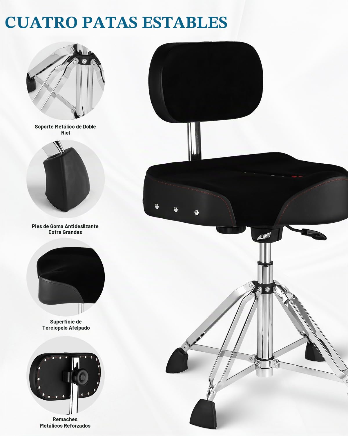 Strich Taburete de batería con Respaldo, Taburete hidráulico, Silla Regulable en Altura para Bateristas Adultos con Baquetas para ensayo y actuación SDB-40B