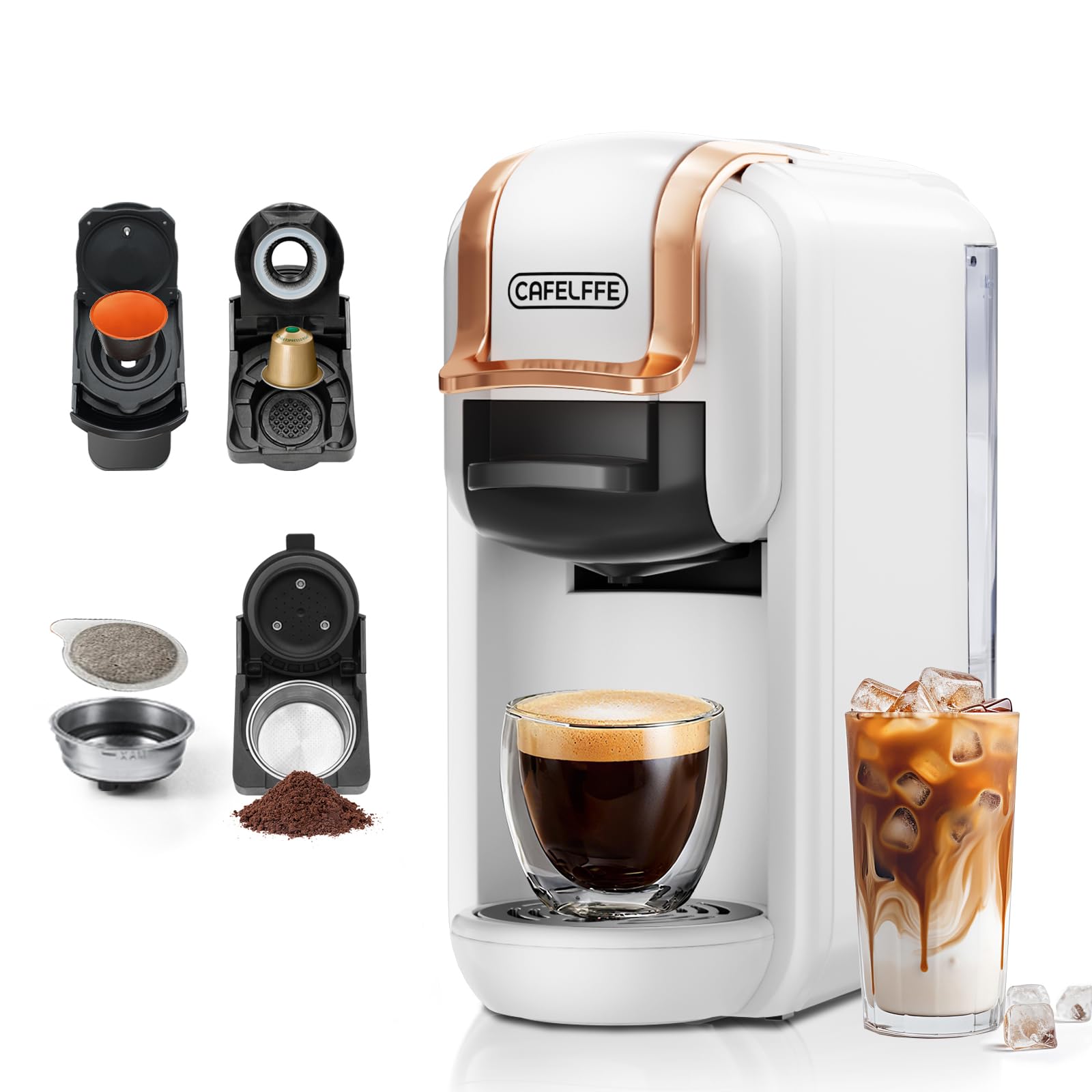 CAFELFFE Cafetera de cápsulas MK-603 4 en 1, café frío/caliente, 19 bares, compatible con cápsulas Nes*, DG*, ESE y café molido, modelo de bajo consumo, 0,6 l, ideal para hogares y oficinas, blanca