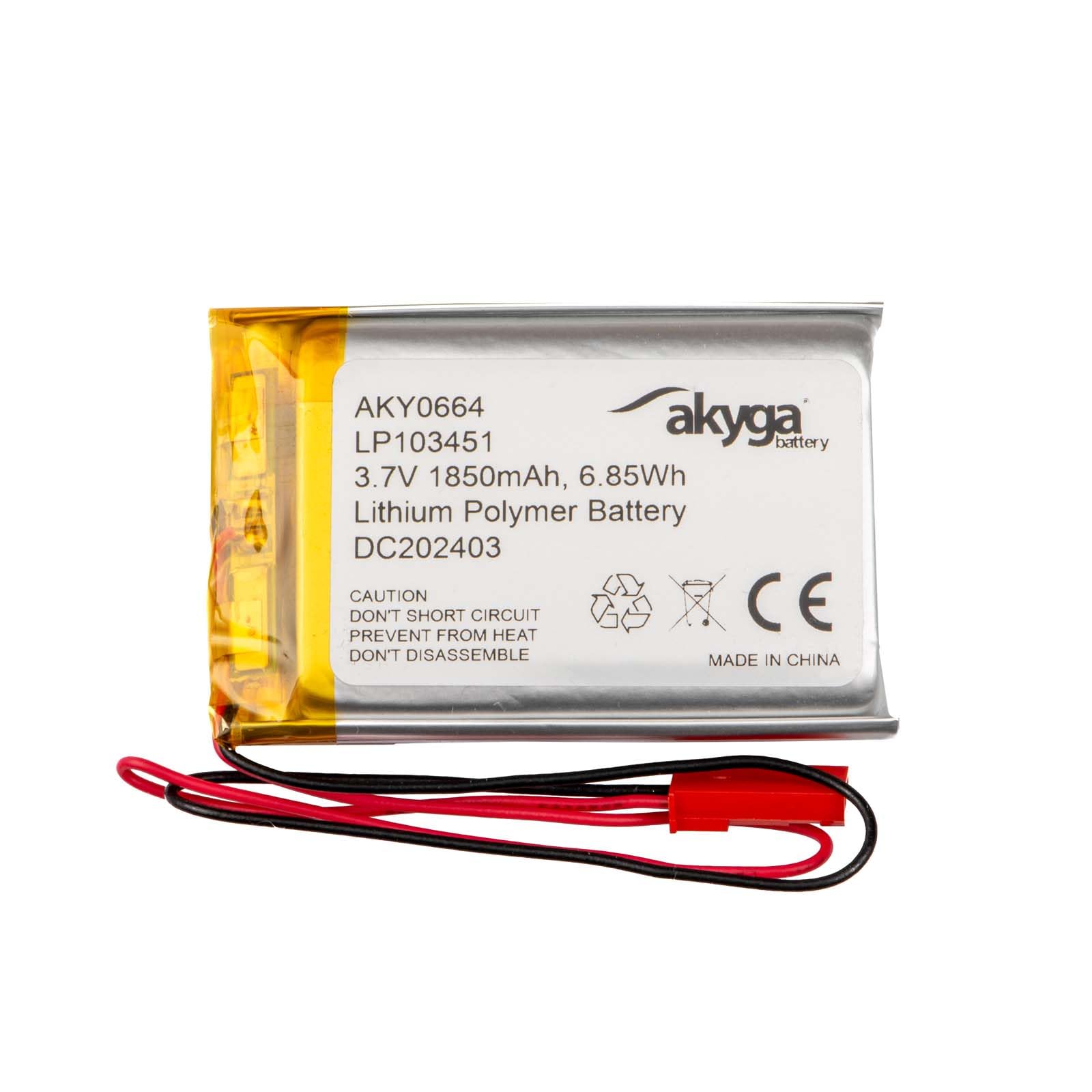3.7 V 1850 mAh Battery LP103451 Lithium Polymer AKYGA AKY0664 Li-Po Battery PCM JST 2-Pin Connection 2.54 15 cm
