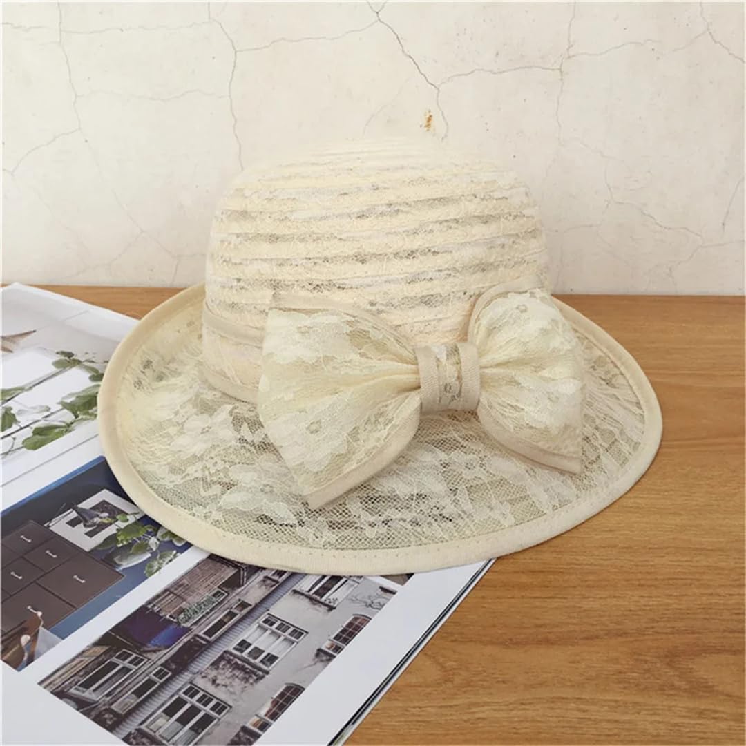 Yeuyyben Cappello da sole estivo da donna, in pizzo, elegante, con fiocco