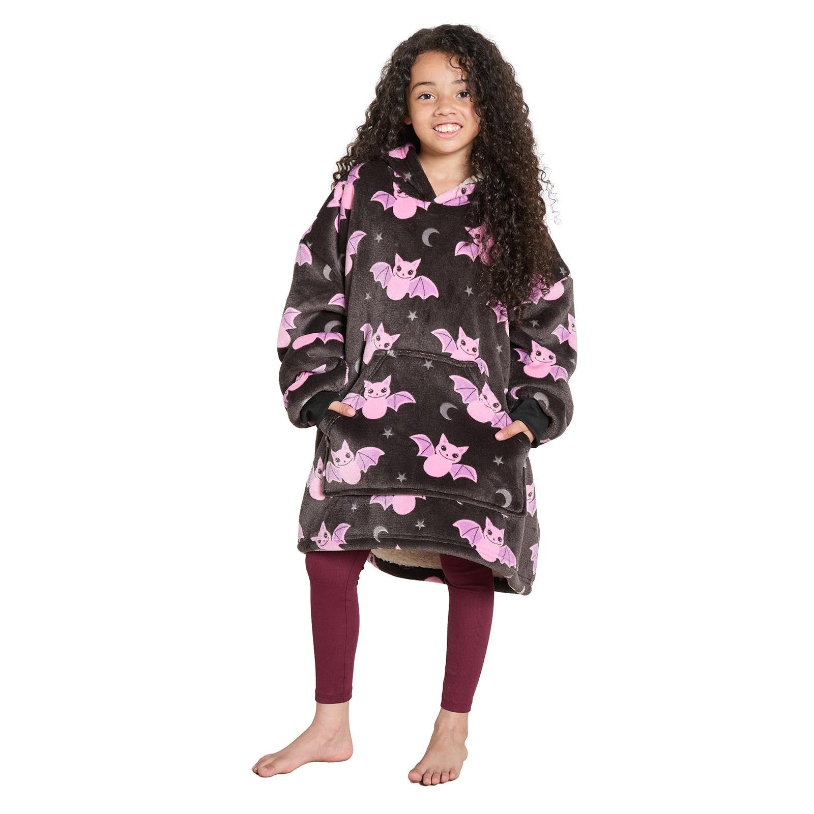 OHS Oversized Blanket Hoodie Kids Sherpa Halloween Hoodie, Black Bat Print