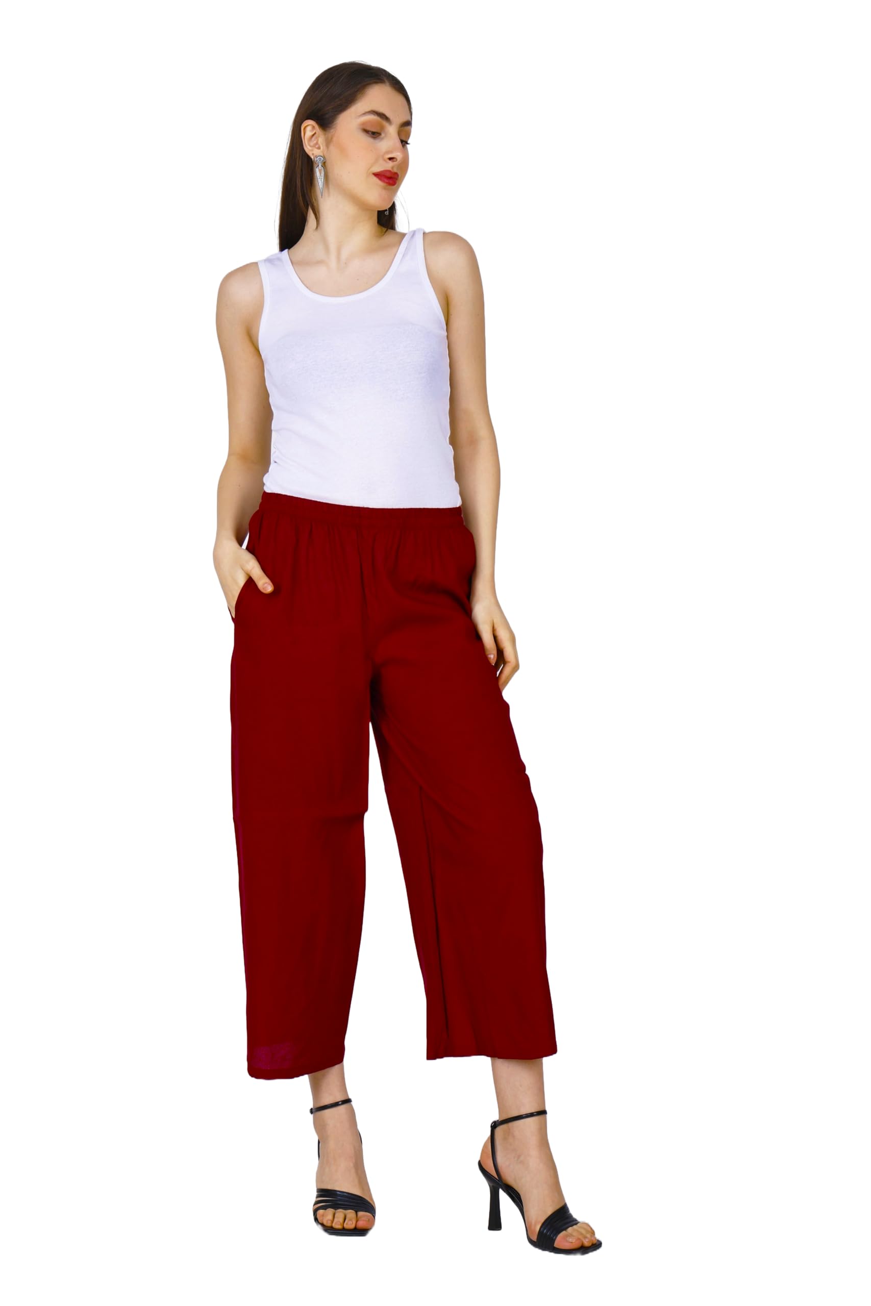 sufiana Women's Casual Wide Leg Palazzo Pants, Maroon Red, Elastic Waist, Cropped Length-picture-27