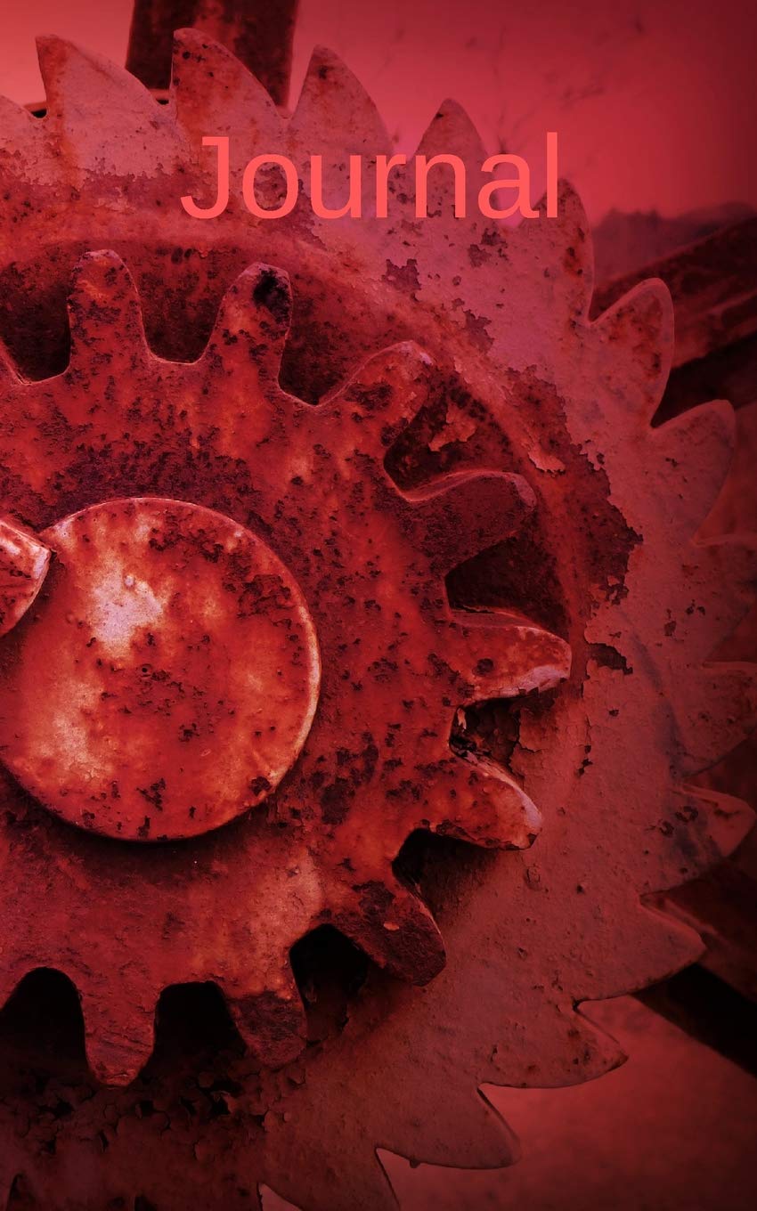 Journal: 5x 8 126 page lined soft covered journal, notebook, diary with red rusty gears on a matte cover