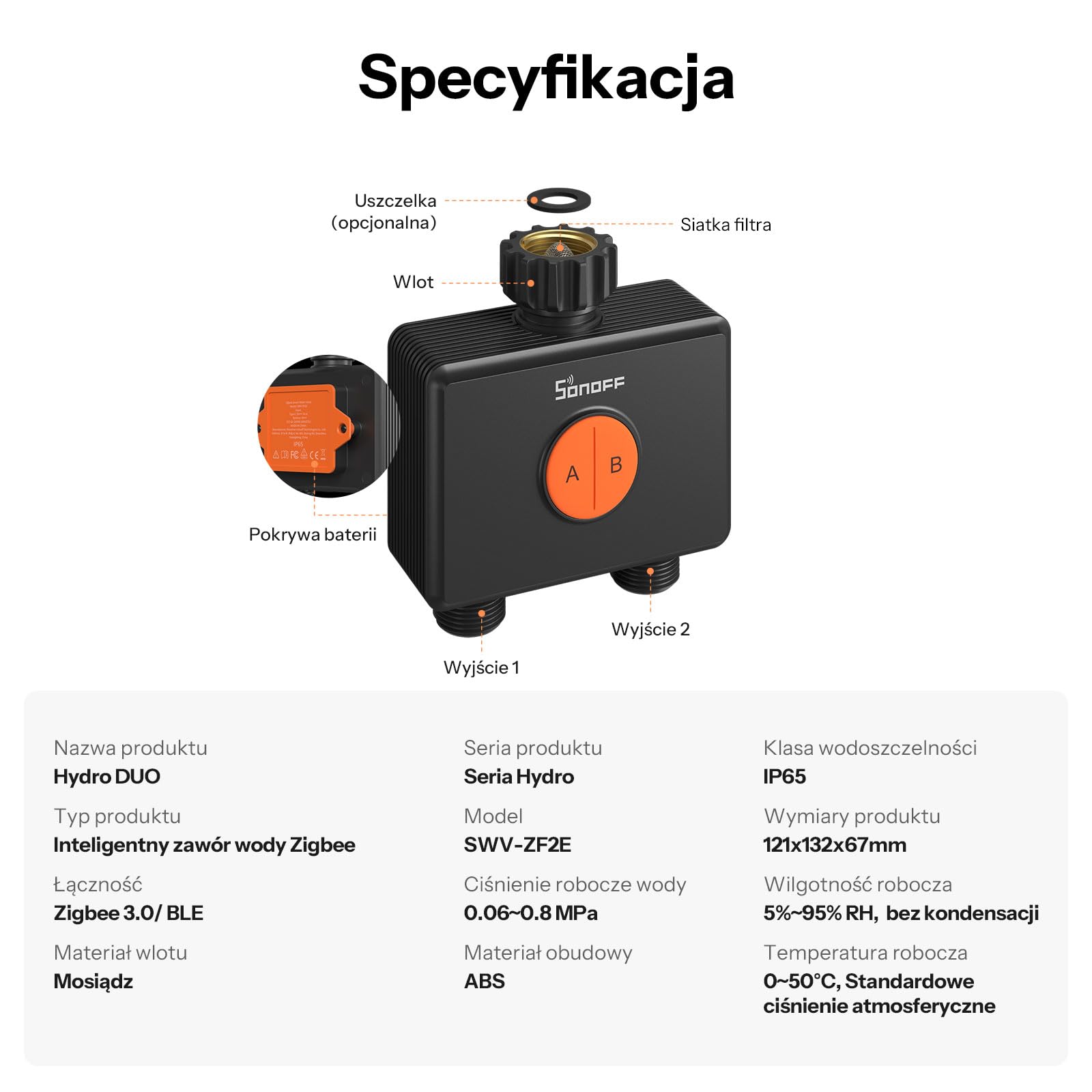 SONOFF SWV-ZF2E Hydro DUO Sterownik nawadniania Zigbee 2 strefy, mosiężne przyłącze, IP65, zasilanie Type-C i 4×AA, dostosowanie do pogody z przepływomierzem, wymaga bramki Zigbee, Home Assistant
