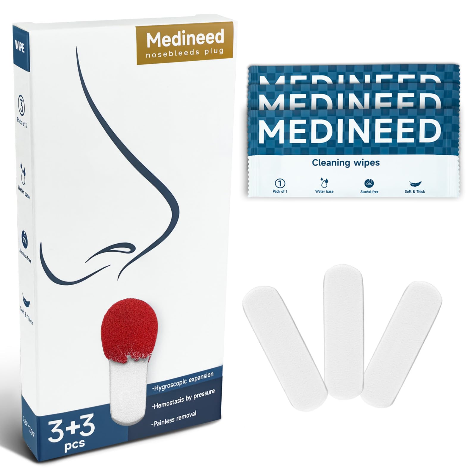 Medineed Nose Blood Clots, 3 Pcs First Aid Nosebleed Stopper Quick Stop Nosebleeds Extra Absorbing Nose Stopper for Adults (3 Pack)