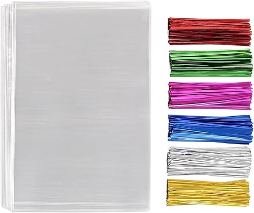200 bolsas de celofán transparentes planas de 7 x 5 pulgadas (1.4 mil), buenas para panadería, galletas, dulces, postres con cinco lazos de color