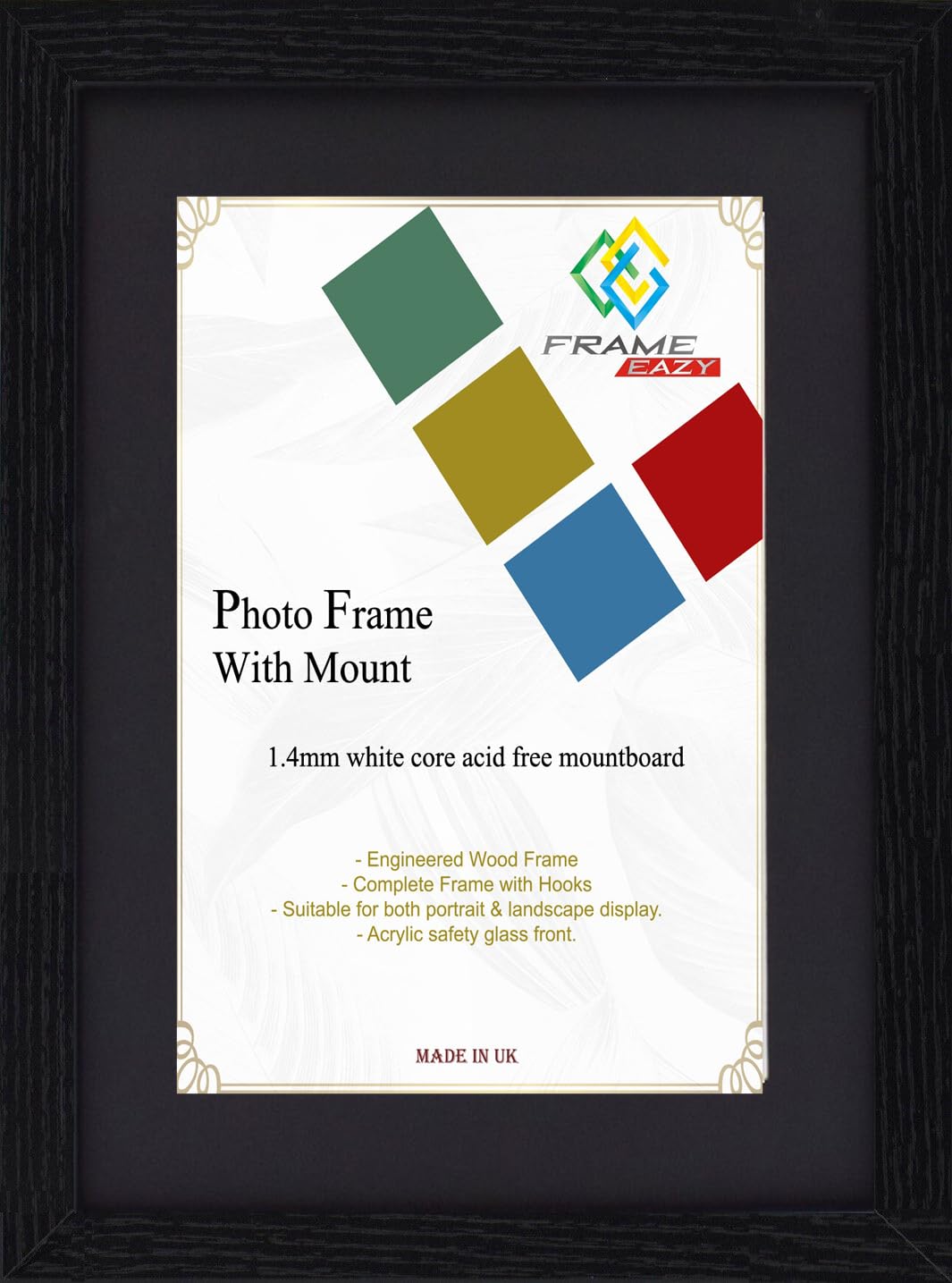 FRAME EAZY Modern Black Photo Picture Frame Poster Certificate Frames with Black Mount – 80x60 For 70x50cm Picture