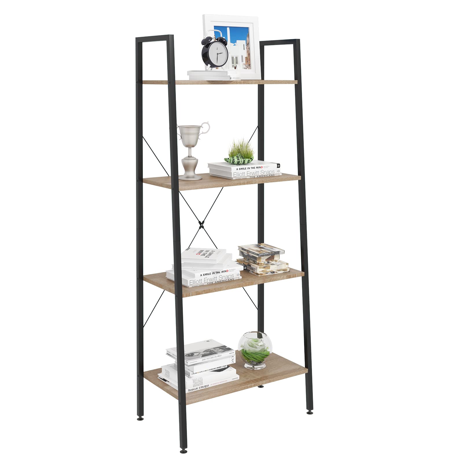WOLTU Standregal Leiterregal Bücherregal mit 4 Ablagen, für Wohnzimmer, Schlafzimmer Hochregal Schwarz + Hell Eiche 60x35x148 cm RGB9283hei