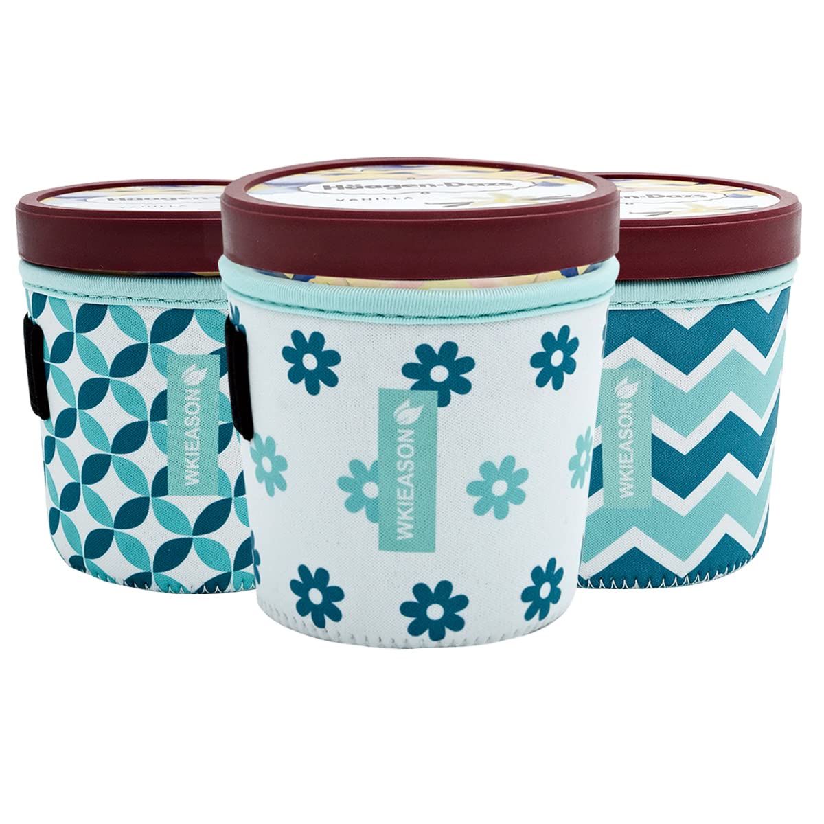 WK IEASONIce Cream Sleeve Pin Neoprene Cooler Coozie Sleeve Insulators Cream Sleeves Neoprene Cover Holder with Spoon Holder (Geometric patterns)