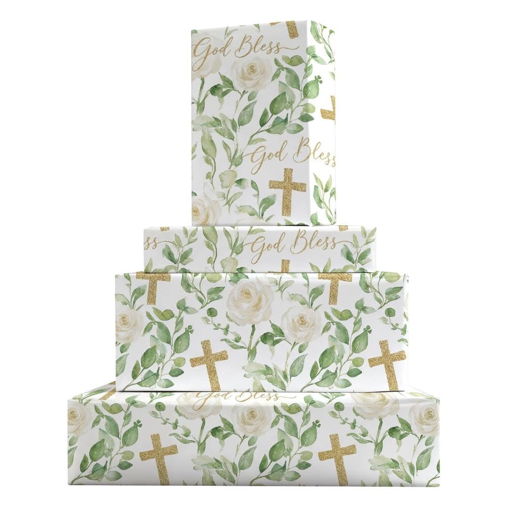 GleeWrap 4Sheets God Bless Wrapping Paper for First Communion, Green Leaf Cross Design Gift Wrap Sheets, DIY Art Paper for Christenings Confirmations Religious Wedding Gift,70x50cm