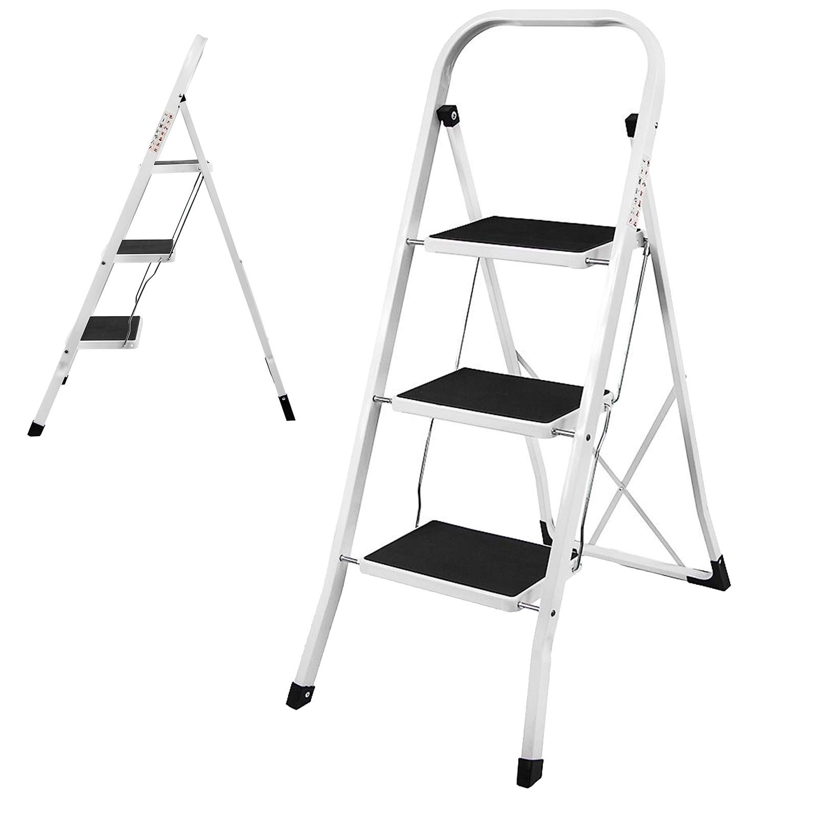 Dicn Black 3 Tread Step Ladder Steel Sturdy Foldable Heavy Duty Compact Easy To Store, Stepladder Stool For Home Kitchen Garden Office, 330Lbs Capacity