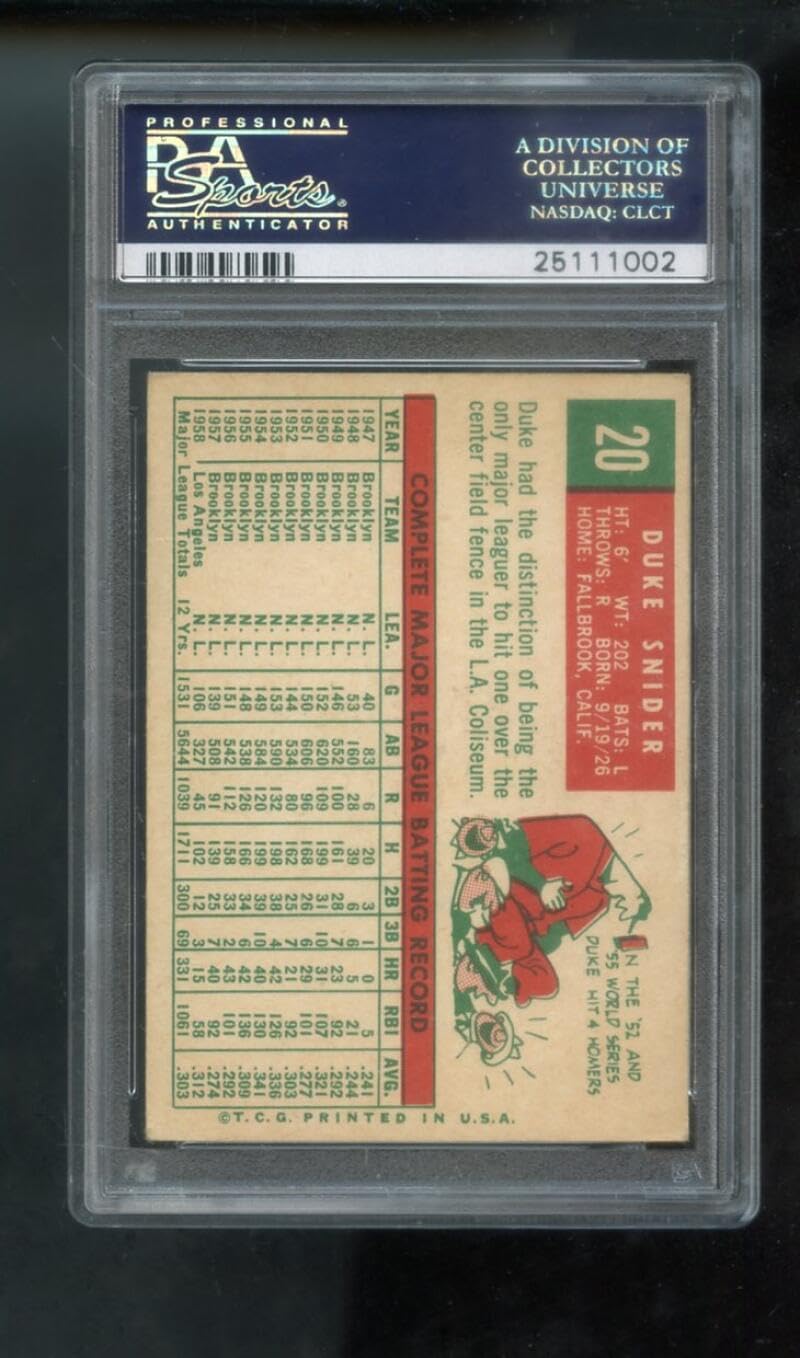 1959 Topps #20 Duke Snider PSA 4 Graded Baseball Card MLB Los Angeles Dodgers