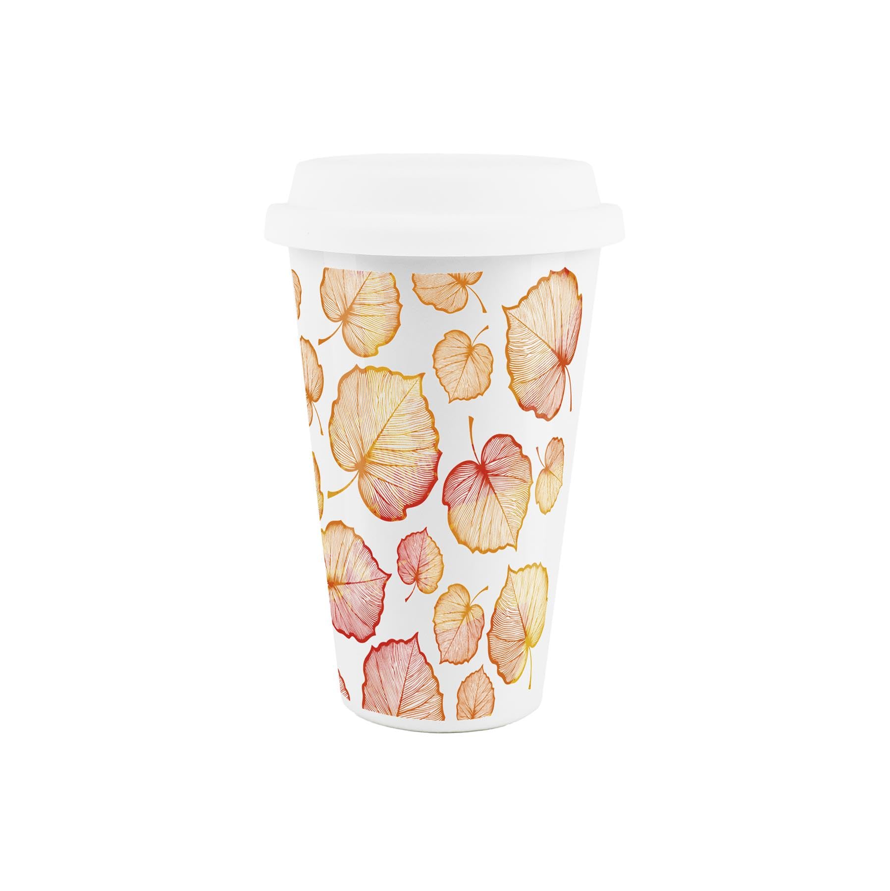 Delicate Autumn Leaves Ceramic Travel Mug - Orange/Red Foliage Reusable Silicone Lid Double-Walled Insulated Hot/Cold Drinks Tea Coffee Gift Mug
