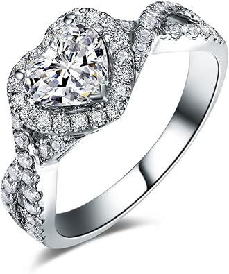 Diamond Ring Band, Vintage Rings Aesthetic 18K White Gold Diamond Heart Rings Promise Gifts for Women