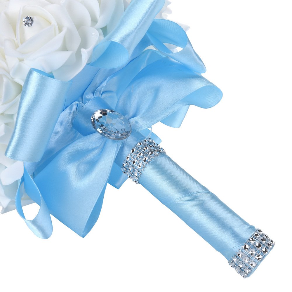 Hochzeitsstrauß, groß, himmelblau, Brautjungfernstrauß, Brautstrauß mit Kristallen, weichen Bändern, künstliche Rosenblumen für Hochzeit, Party und Kirche (Himmelblau-große Größe)