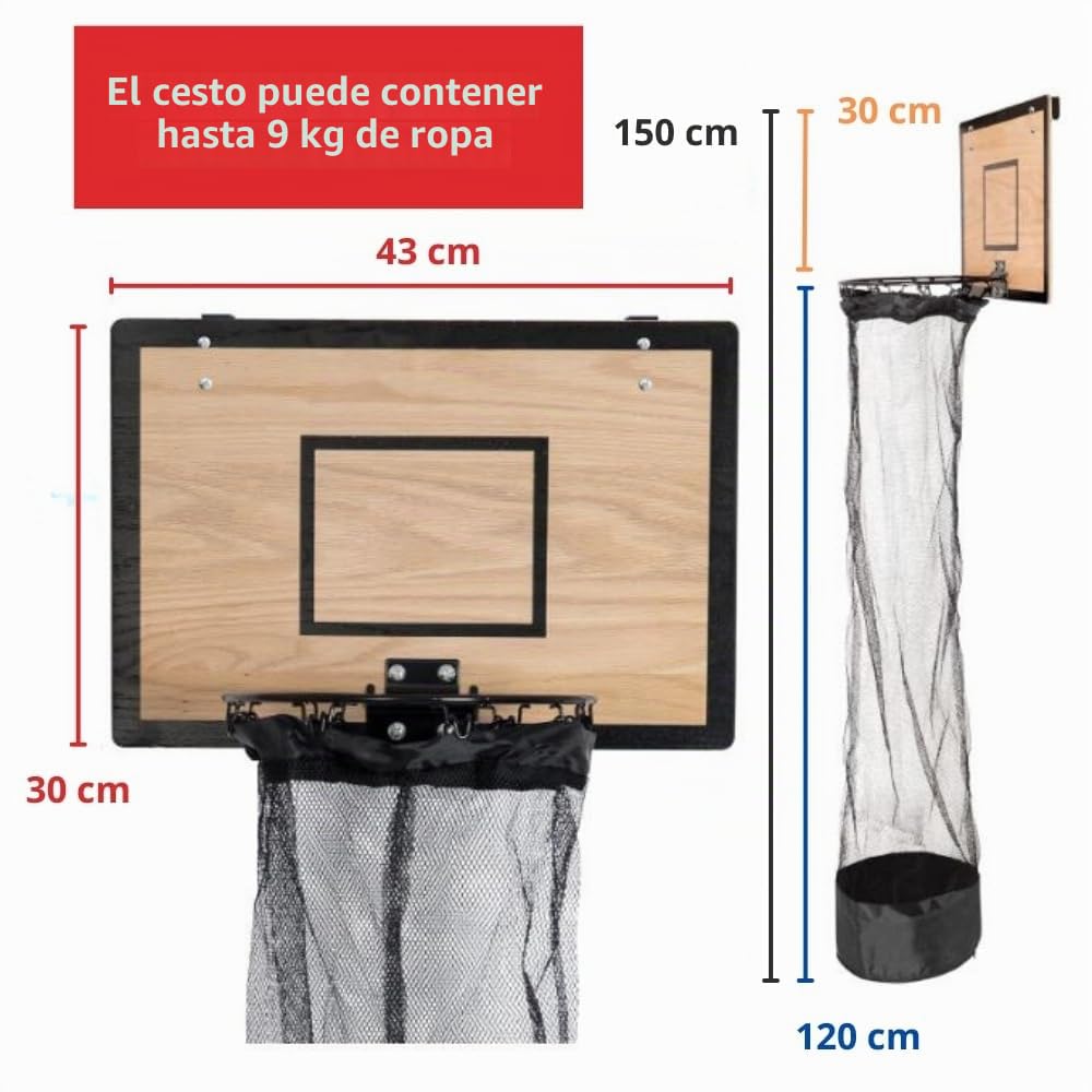 Générique TheDunk - Cesta de baloncesto de madera para ropa sucia, pared y puerta, con bolsa extraíble, pelota y bomba de aire, juegos de baloncesto para recoger ropa sucia, regalo para niños y adulto