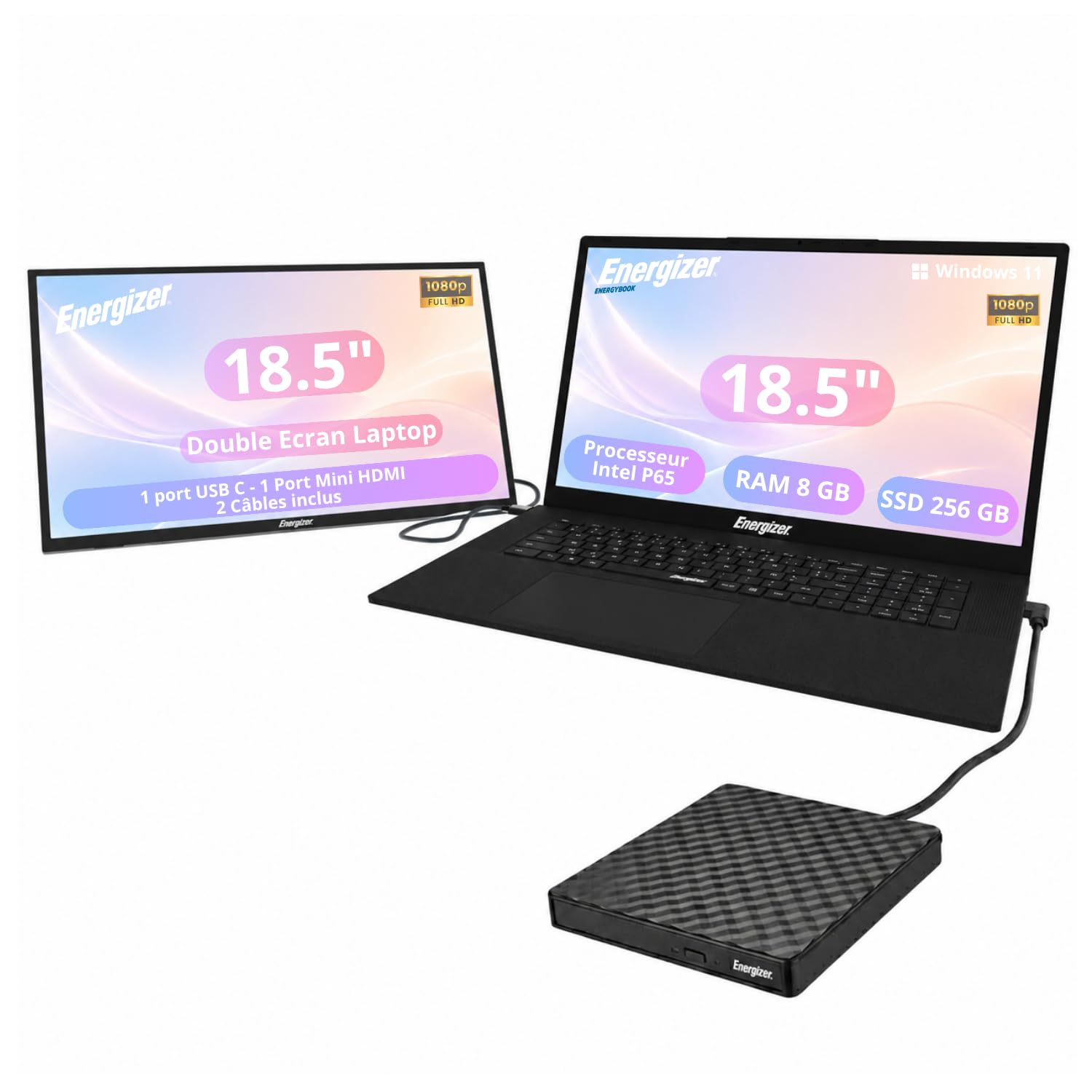 Energizer Pack Laptop 18,5" 8Go 256Go SSD + Écran Portable 18,5" FHD IPS + Lecteur DVD USB - Windows 11 - Clavier AZERTY - WiFi