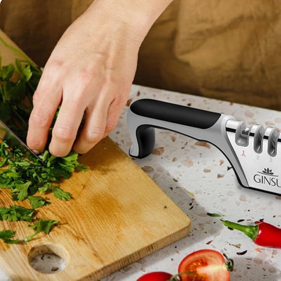GINSU Knife Sharpener 9in, Quick & Easy Sharpening Rods, Non-Slip Handle, Heavy-Duty Stainless Steel System for Kitchen Blades