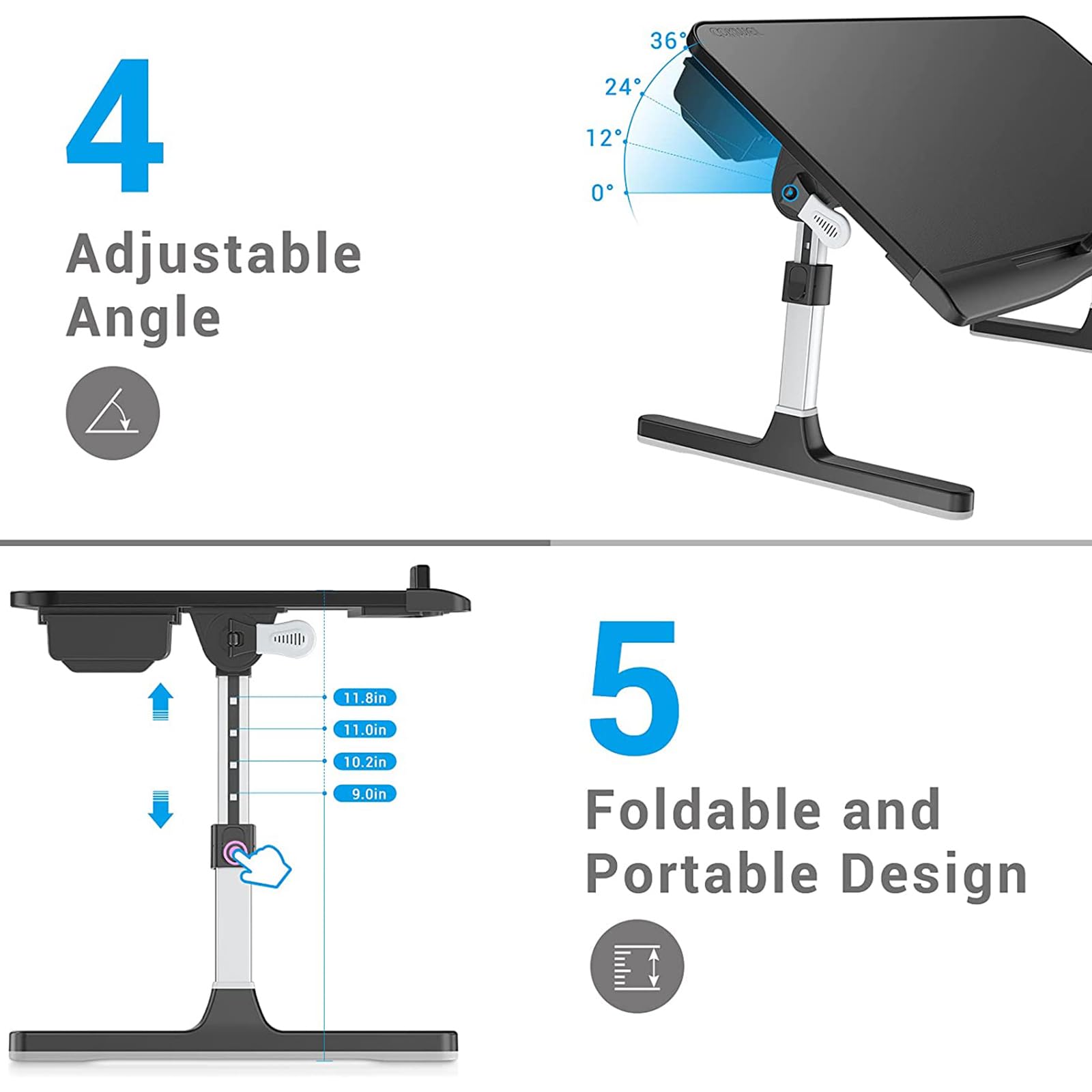 Stand da scrivania del Letto per Laptop Pieghevole Regolabile - Supporto per Notebook Portatile per Lavoro, Lettura, Alimentazione - Altezza e Angolo Regolabili - con cassetto e Tappo