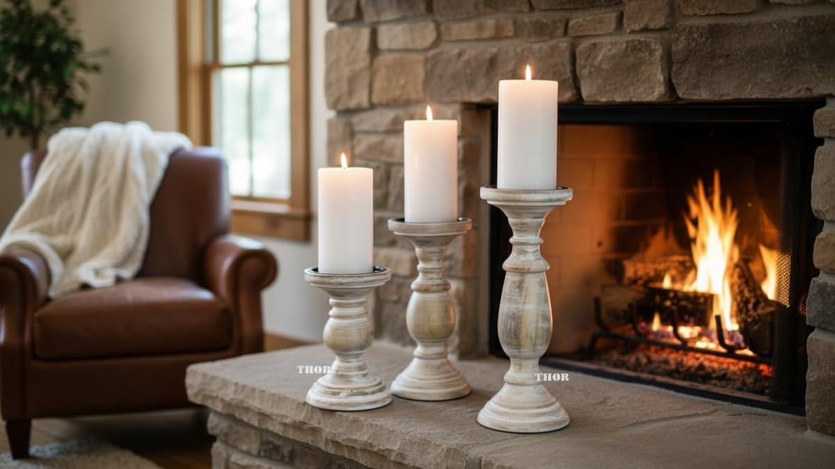 WSH - Set di 3 portacandele in legno per candele a colonna, colonne tornite arrotondate, legno sostenibile, stile country, aromaterapia, decorazione per la casa, 16,8 e 25,4 cm