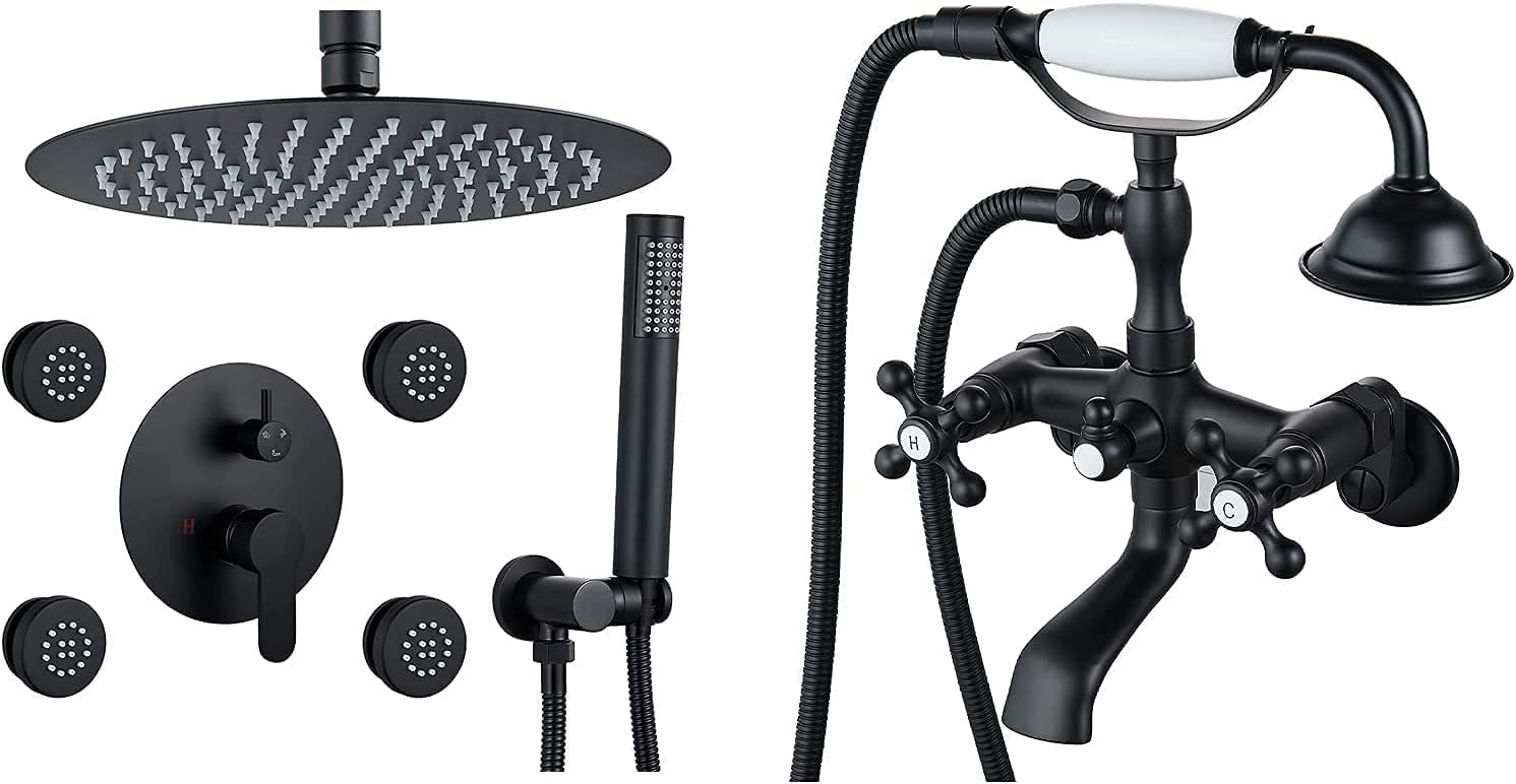 Matte Black 12’’ Round Rain Shower Faucet Set Ceiling Mounted with 4